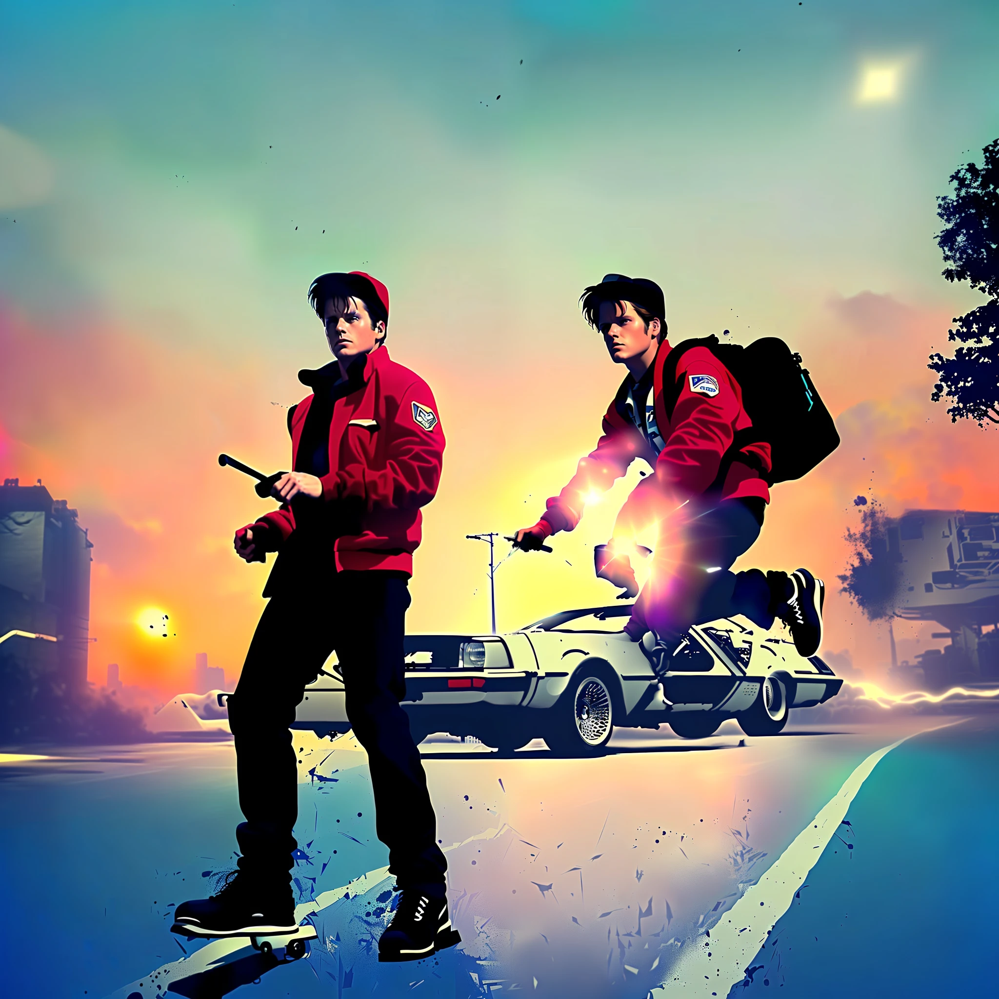 There's a man skateboarding on a street, starring Marty McFly, Marty McFly, Back to the Future, 1 9 8 0 s Retro sci - fi art, masterpiece epic art retrowave, Marty McFly female, Delorean background, epic retrowave art, retro-future, retrowave art, retro art sci - fi, 8 0 s art, retrofuture, in the style of unreal engine 5, colorfull animation stills, starks visuals, light crimson and white, depicts real life, animated film pioneer, solarizing master --ar 115:73 --iw 2 --v 5