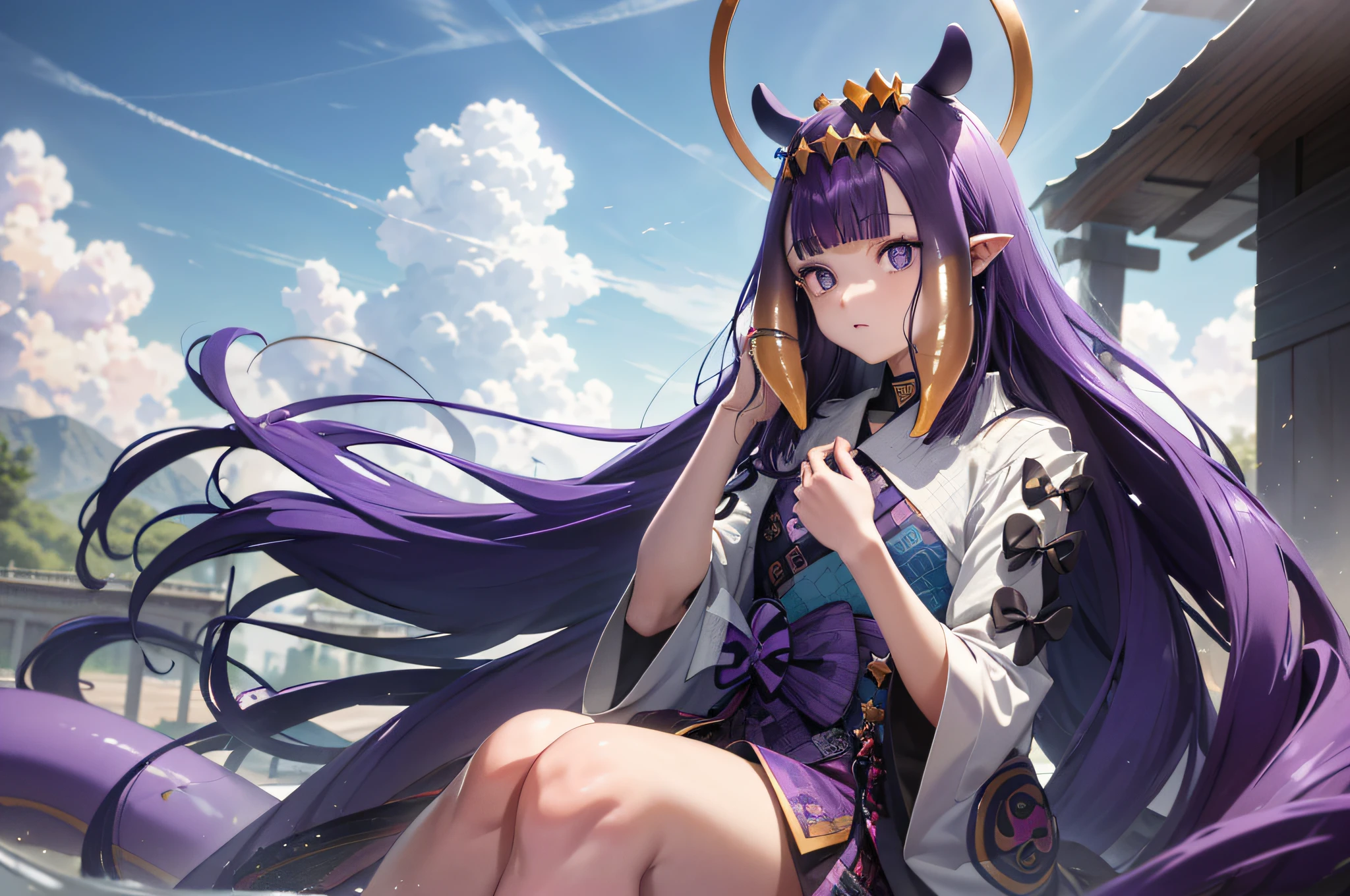 (人物: Ninomae Ina'Nis), {purple hair}, tentacle hair, purple eyes, a golden tiara,  absurdres, highres, (official art, beautiful and aesthetic:1.2), close view,
shining sky, vast world, girl, gazing, awe-inspiring expression, distant horizon, clouds, high hill, natural beauty, inspiration, light effects,