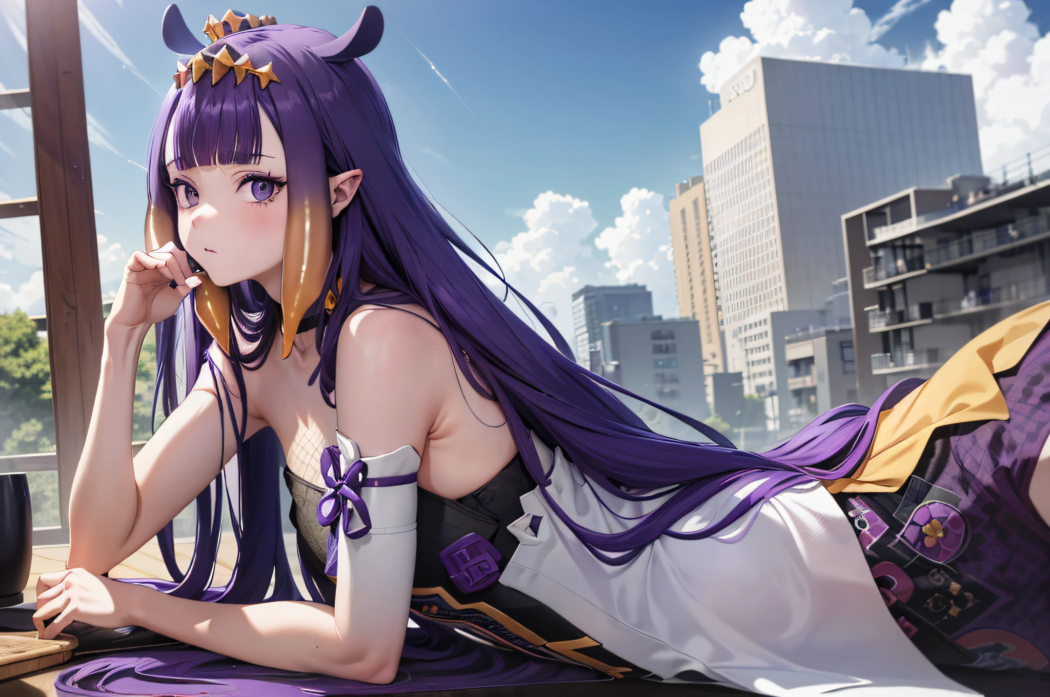 (人物: Ninomae Ina'Nis), {purple hair}, tentacle hair, purple eyes, a golden tiara, absurdres, highres, (official art, beautiful and aesthetic:1.2), close view,
shining sky, vast world, girl, gazing, awe-inspiring expression, distant horizon, clouds, high hill, natural beauty, inspiration, light effects,