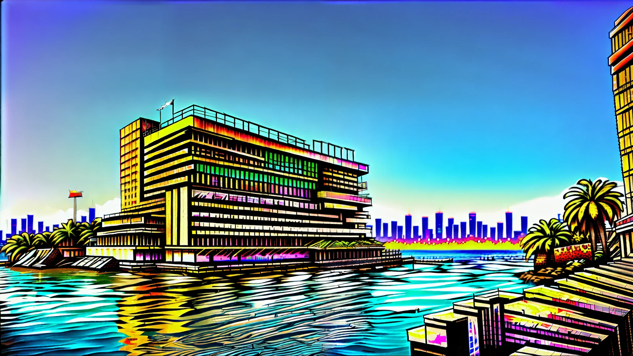 there is a large building that is next to a body of water, building along a river, rtx reflections, wide shot photo, building in the distance, modern technology building, beautiful rtx reflections, office building, seen from the side, view from the lake, mid-view, taken with sony alpha 9, taken with sony a7r camera