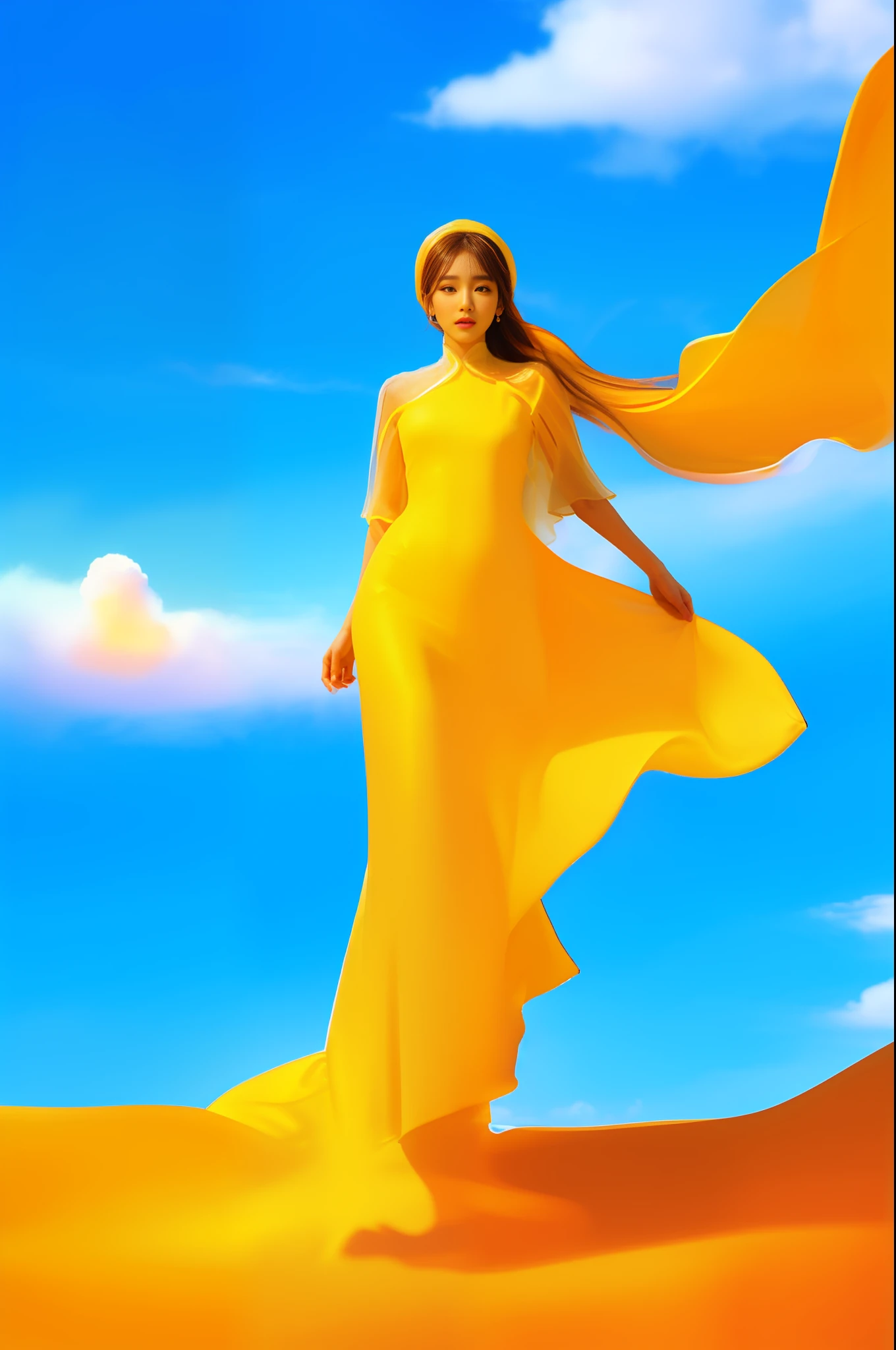 (8k, RAW photo, photorealistic:1.25) ,( lip gloss, eyelashes, glossy side, shiny skin, best quality, ultra high resolution, depth of field, chromatic aberration, caustics, wide light, natural shadow, headwear, kpop idol) ,golden yellow and blue style, 1girl, (blue sky: 1.5), tall and thin beauty goddess, flowing dress, conservative girl, cloud goddess, flowing white fabric, wearing flowing dress, desert, (realistic), (background with blue sky and white clouds: 1.4), (wind: 1.5), (full body: 1.5), add_detail,