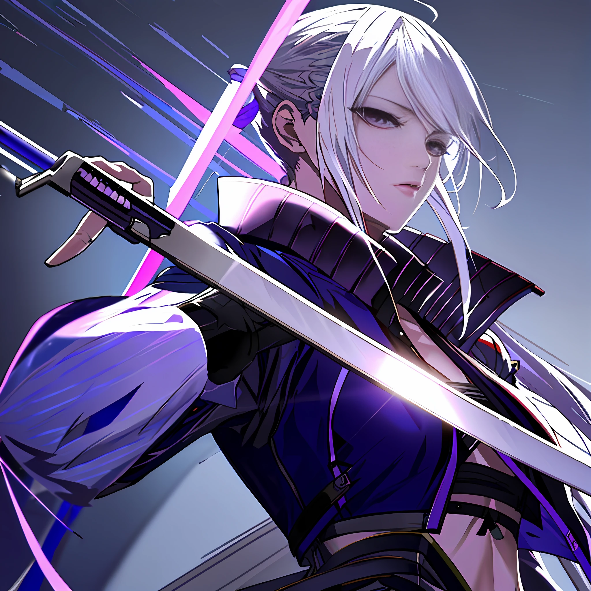 anime girl with white hair and purple eyes holding a sword, extremely detailed artgerm, ig model | artgerm, rossdraws digital painting, rossdraws 1. 0, rossdraws 2. 0, rossdraws 2. 5, wlop rossdraws, digital cyberpunk anime art, fanart best artstation, :: rossdraws, rossdraws sakimimichan