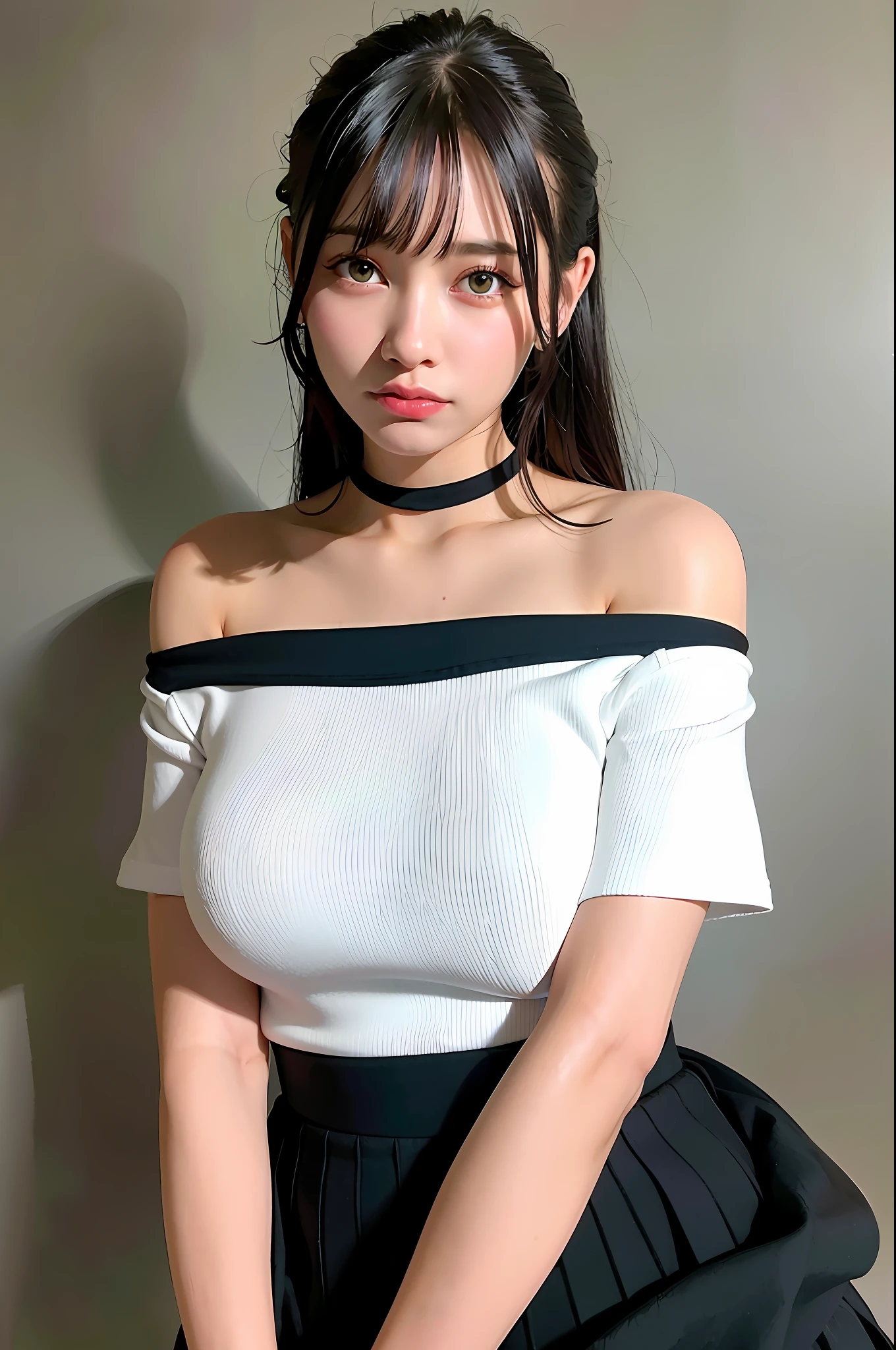 best quality, ultra high res, (photorealistic:1.4), 1girl, off-shoulder white shirt, black tight skirt, black choker, (faded ash gray hair:1), (huge breasts:1.2), looking at viewer, closeup ,
