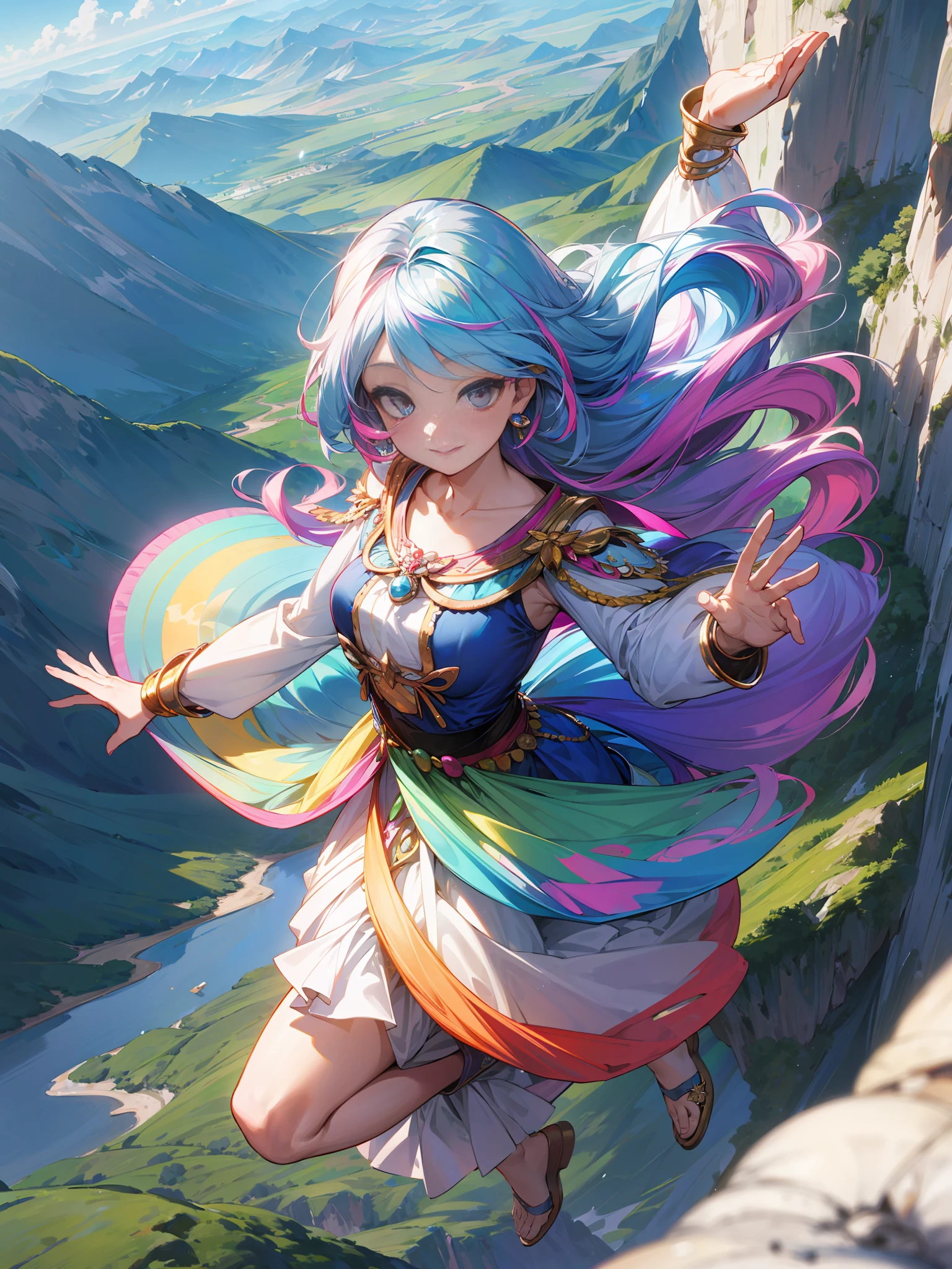 a goddess dance on top of a mountain, half real, half illusion, dreamy, surrealistic, fantasy, hyper beautiful, rainbow color hair wave in the air, smile brightly, happy, from above, elegant clothes, made of silk, clothes wave in the air