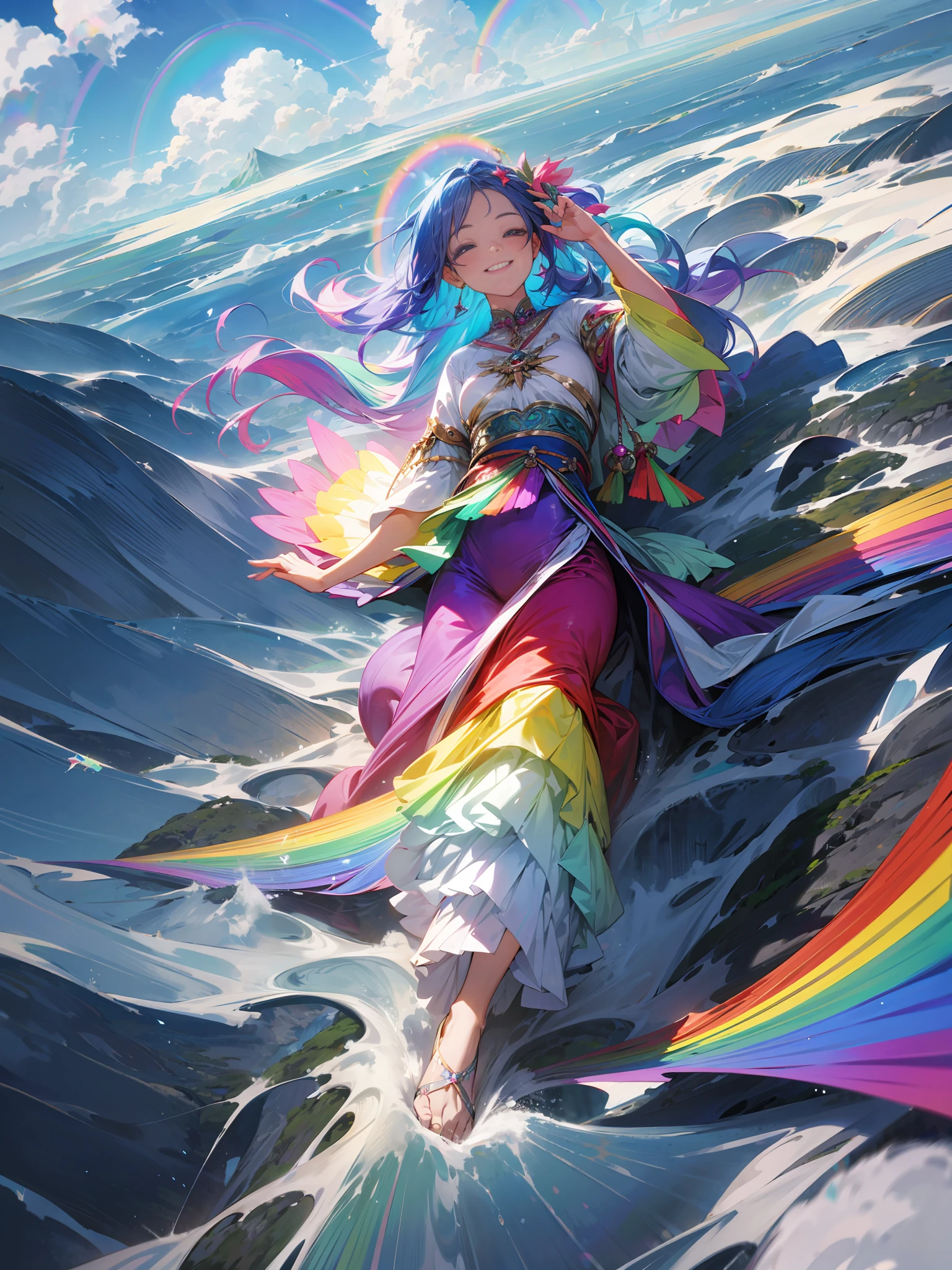 a goddess dance on top of a mountain, half real, half illusion, dreamy, surrealistic, fantasy, hyper beautiful, rainbow color hair wave in the air, smile brightly, happy, from above, elegant clothes, made of silk, clothes wave in the air