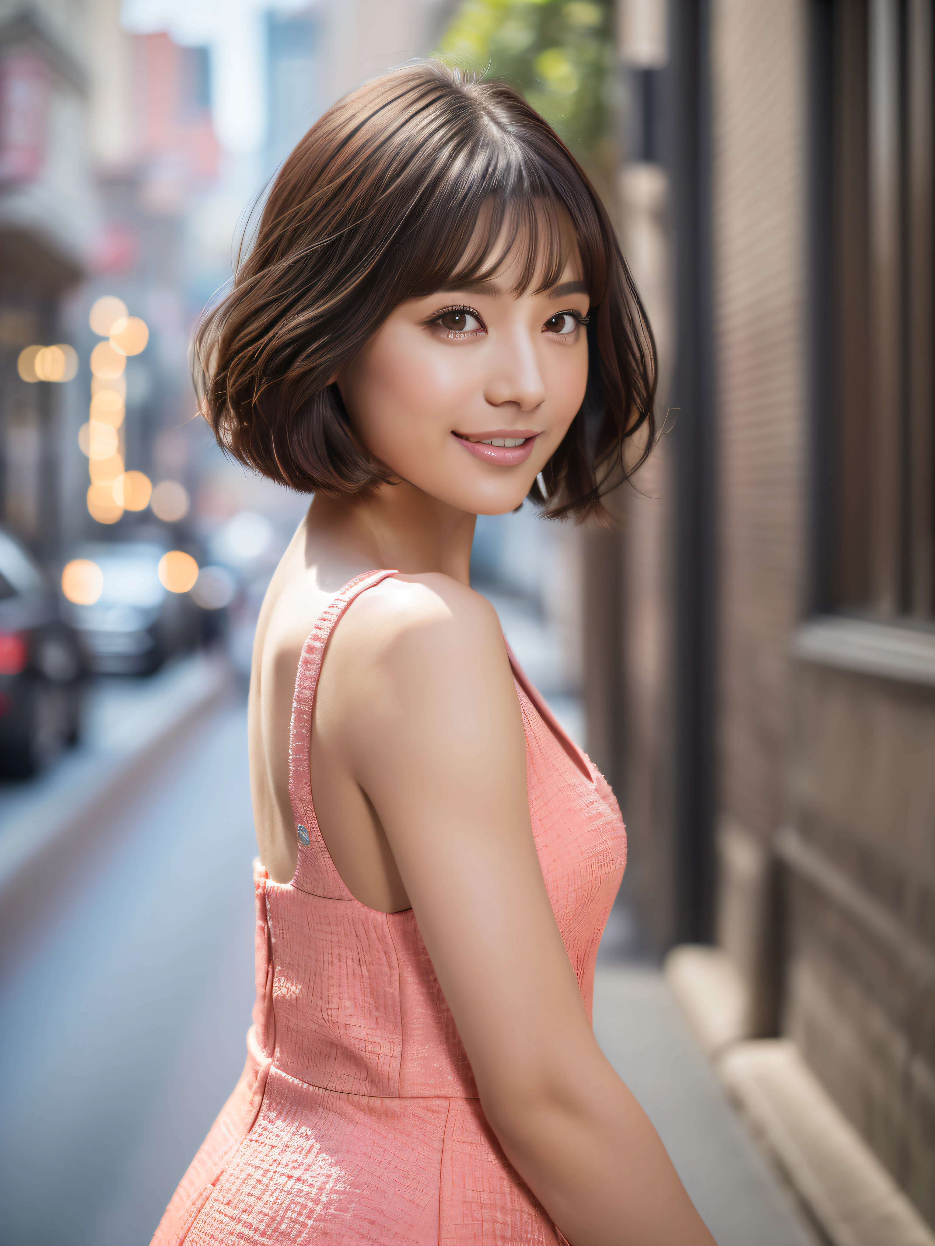 ((8K, HDR, Best Quality, Masterpiece: 1.3, Hi-Res)), ((Photography, RAW Photography, Hyper-Realism, Ultra High Definition)))), (Pin Light, Backlight, Cinematic Light), Sharp Focus: 1.4, Fine Detail, Sharp Focus: 1.2, Beautiful Woman in Perfect Style: 1.4, Slender Abs: 1.2, ((Dark Brown Bob Cut, Small: 1.2)), Smiled Smile, (Coral Pink Dress: 1.1), Street: 1.2, Highly Detailed Face and Skin Texture, Detailed Eyes, Double Eyelids