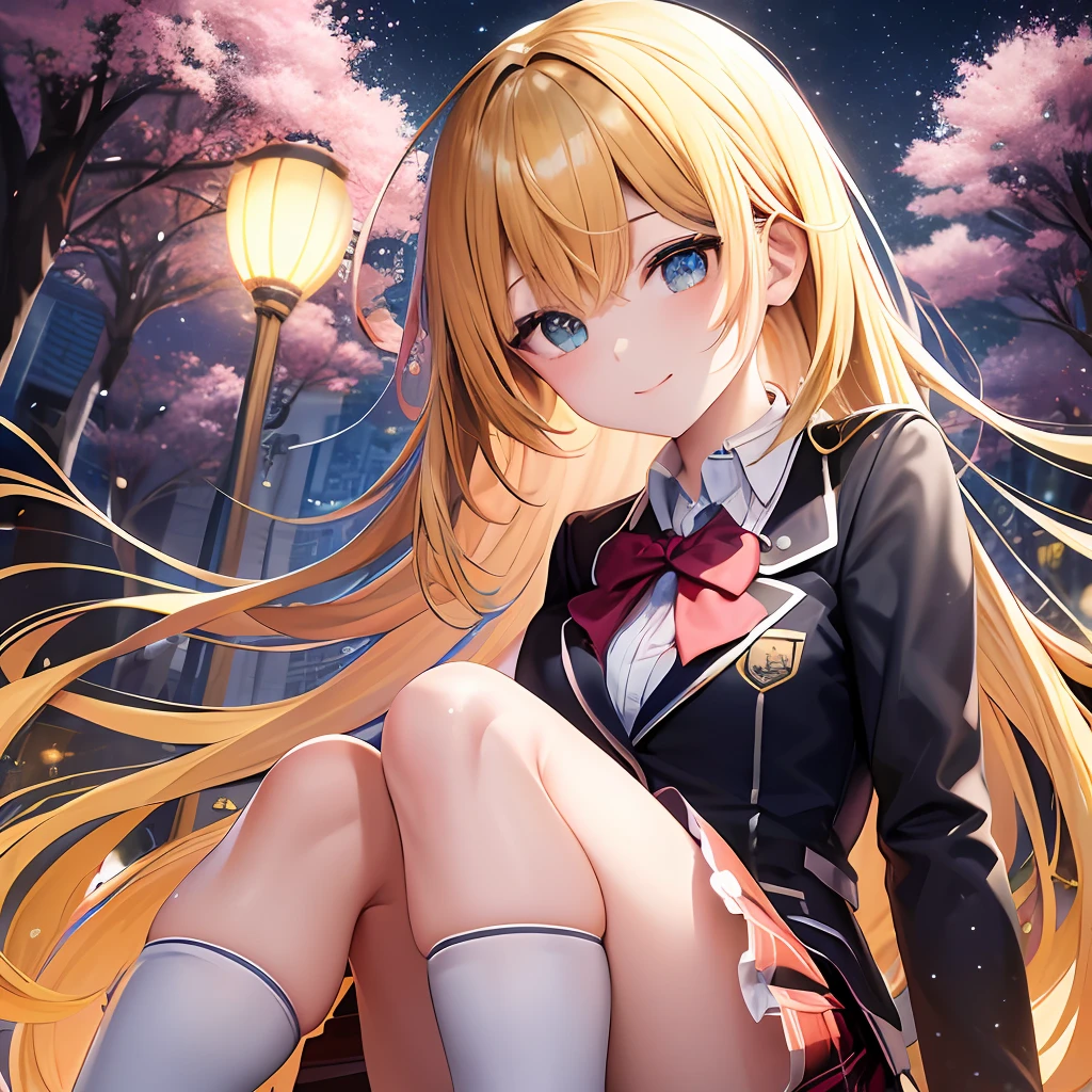 Absurdity, {{yellow motif}}, {image yellow}, {image of determination, resolve}, {January 8, night city}, {smile}, {(real: 0.75)}, {make up your mind}, hi-res, texture, {3D hdtv background night} {cherry blossom tree-lined path} {cherry blossom scattering} {sexy woman} {{yellow longhair}} {super high quality} {super awesome} {skirt} {knee-high socks} { School Uniform} {Blazer} {Night Sky} {Clearly depicts small white light reflections in the pupils, which adds depth to the pupils} {Full Body} {Mature Attractive Women} {Best Detail Eyes} {Super Definition Masterpiece Best Quality: 1.2 4DCG High Quality} {Break (Crystal: 1.3), focusing on girls, shining, highly detailed faces and eyes} {Break Bright color contrast catches the eye and blur effect adds depth} {Subject's hair color yellow}