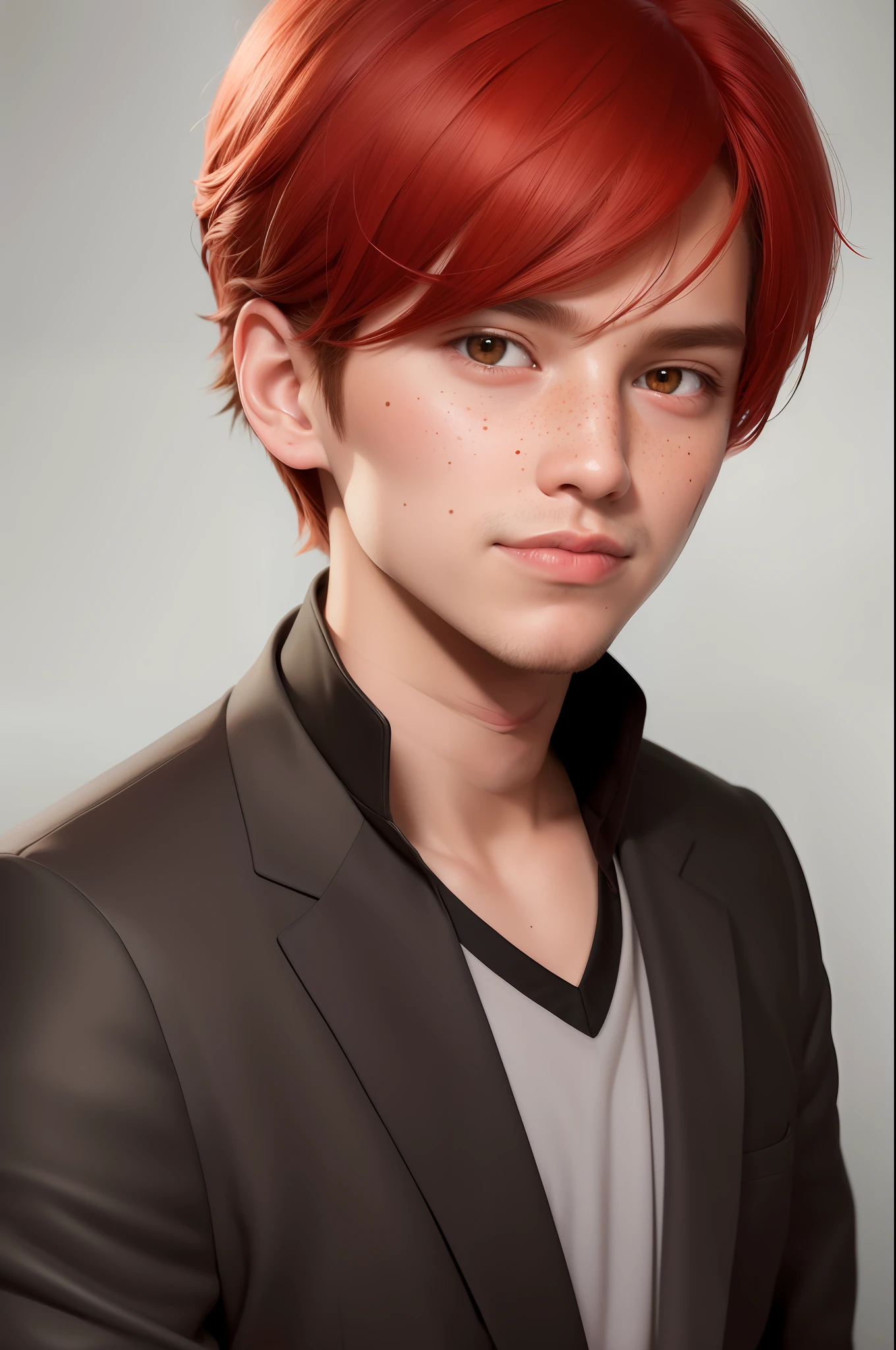 Portrait of a very handsome boy with red hair and freckles on his face