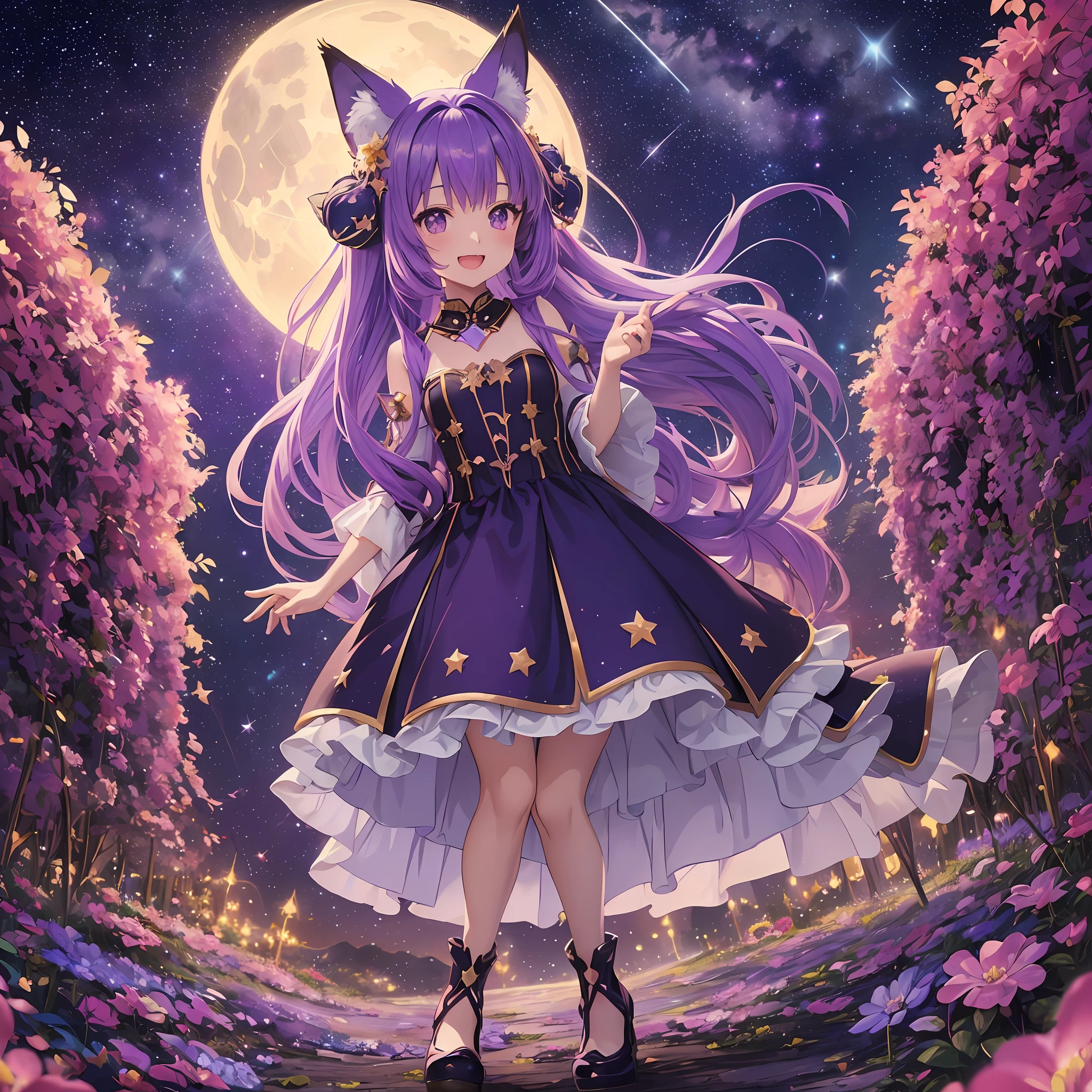 Fox ears, fox tail, purple hair, ((fantasy)), princess, dress, standing picture, standing figure, loli, petite, (((starry sky)), flower garden, night, milky way, moon, ((full body)), ((masterpiece)), (((anime)), smile, open mouth, front