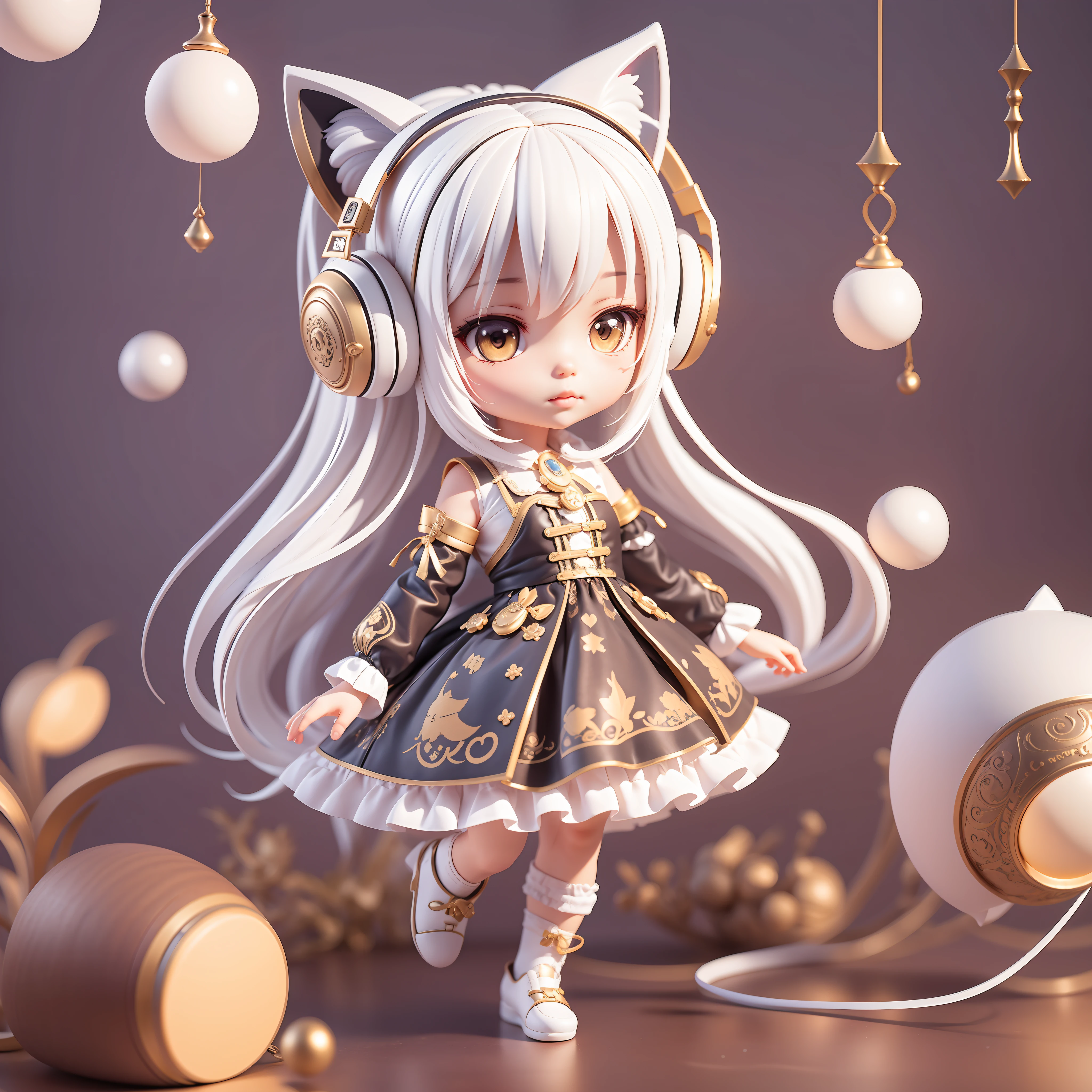 Masterpiece, best quality, lots of detail, (full body:1.2), chibi, 1 cat girl, white hair, magic dress, light headphones, 3D rendering, Q printmaking style