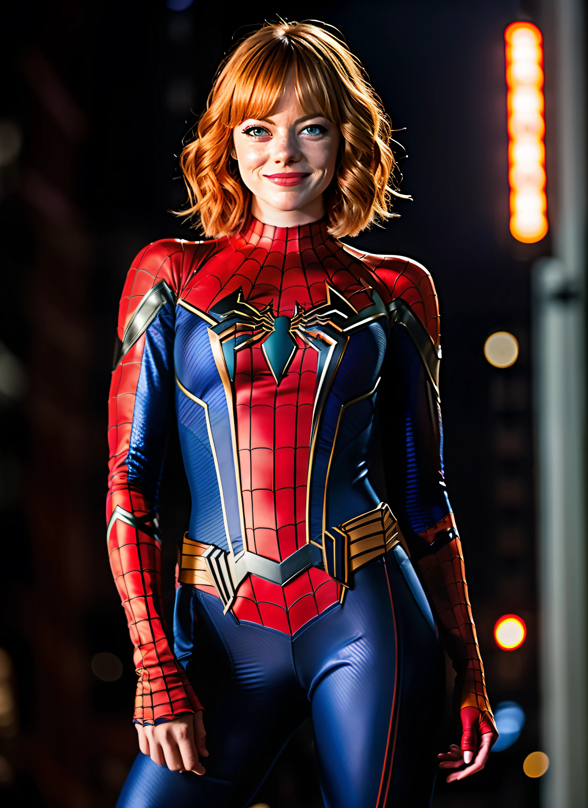 Emma Stone in spider-man costume, 22 years old, (spider-man pants), short blonde hair with bangs, belt, deep neckline, cheeky smile, in new york, shot in dslr, detailed face, wide hips, amazing body, amazing legs, cinematography, maximum details, neutral colors, hdr, soft colors, soft cinematic light, insane details, intricate details, hyper-detailed