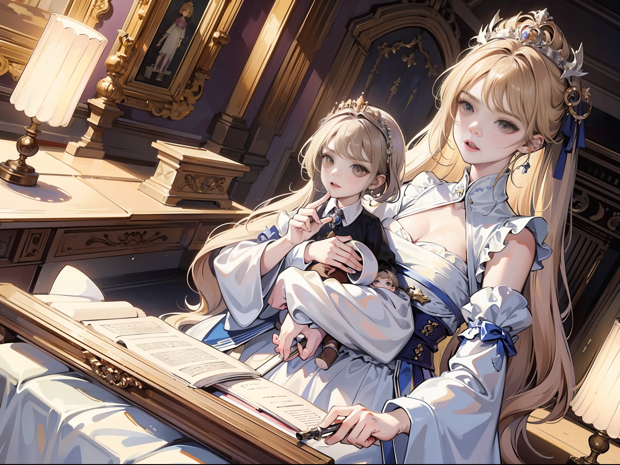 (absurd, high resolution), (panorama), ccurate, anime, high detail, a woman, mature, beautiful, tall, queen's dress, lilac complex dress, fine, brown eyes, pale blonde hair, wearing a silver crown, irritated, serious, in the palace, magical, antique, holding a baby, vista
