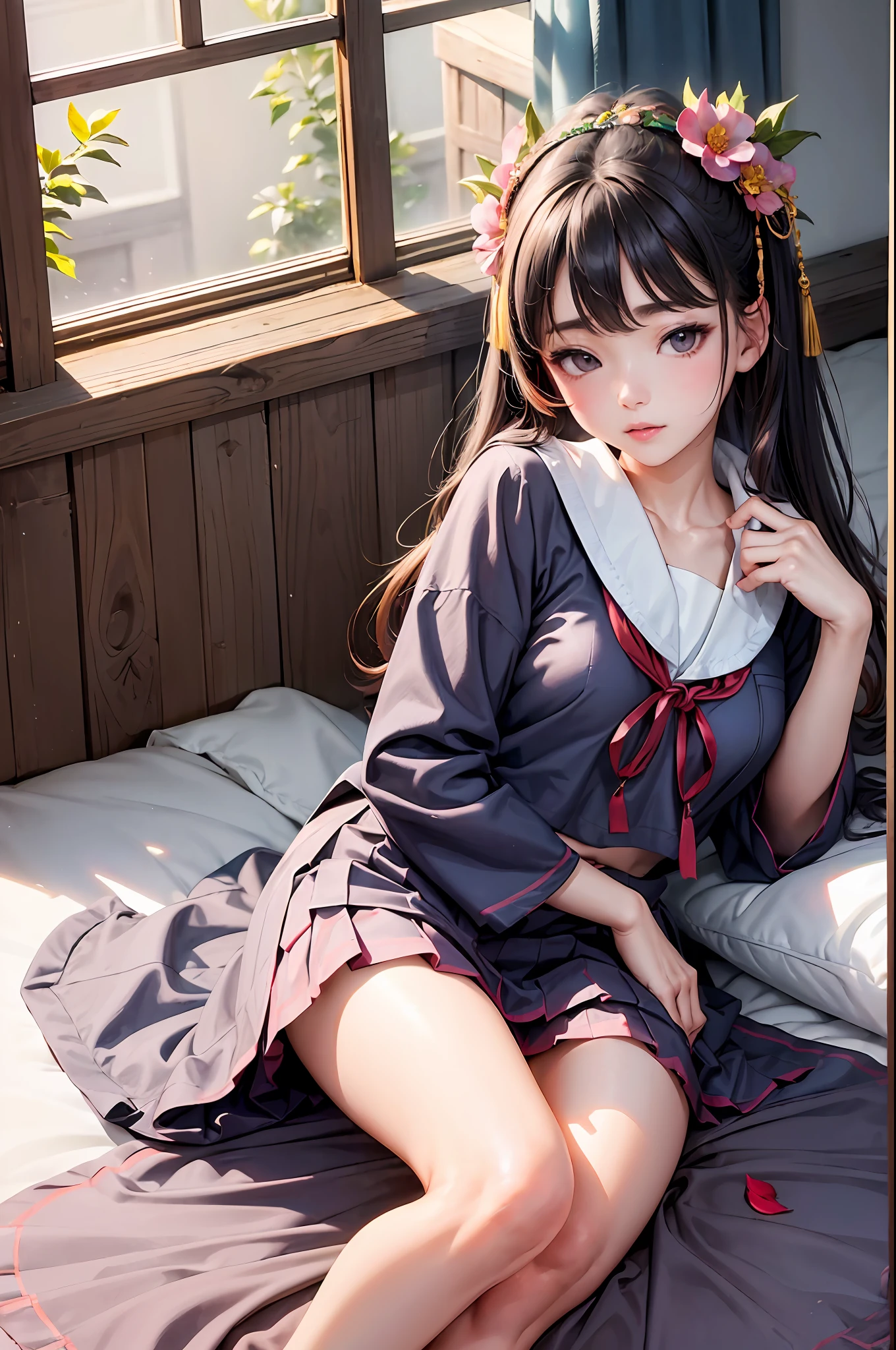 (perfect shadow:1.2),(best illumination:1.3),(high quality:1.1),(best lighting:1.2), An ancient korean beauty, laying on the bed , school uniform murals, gorgeous ancient korean , korean school  uniform costumes, flowing tulle, exposed navel, random hair color , flower hairpins, cgstation popular --v 6