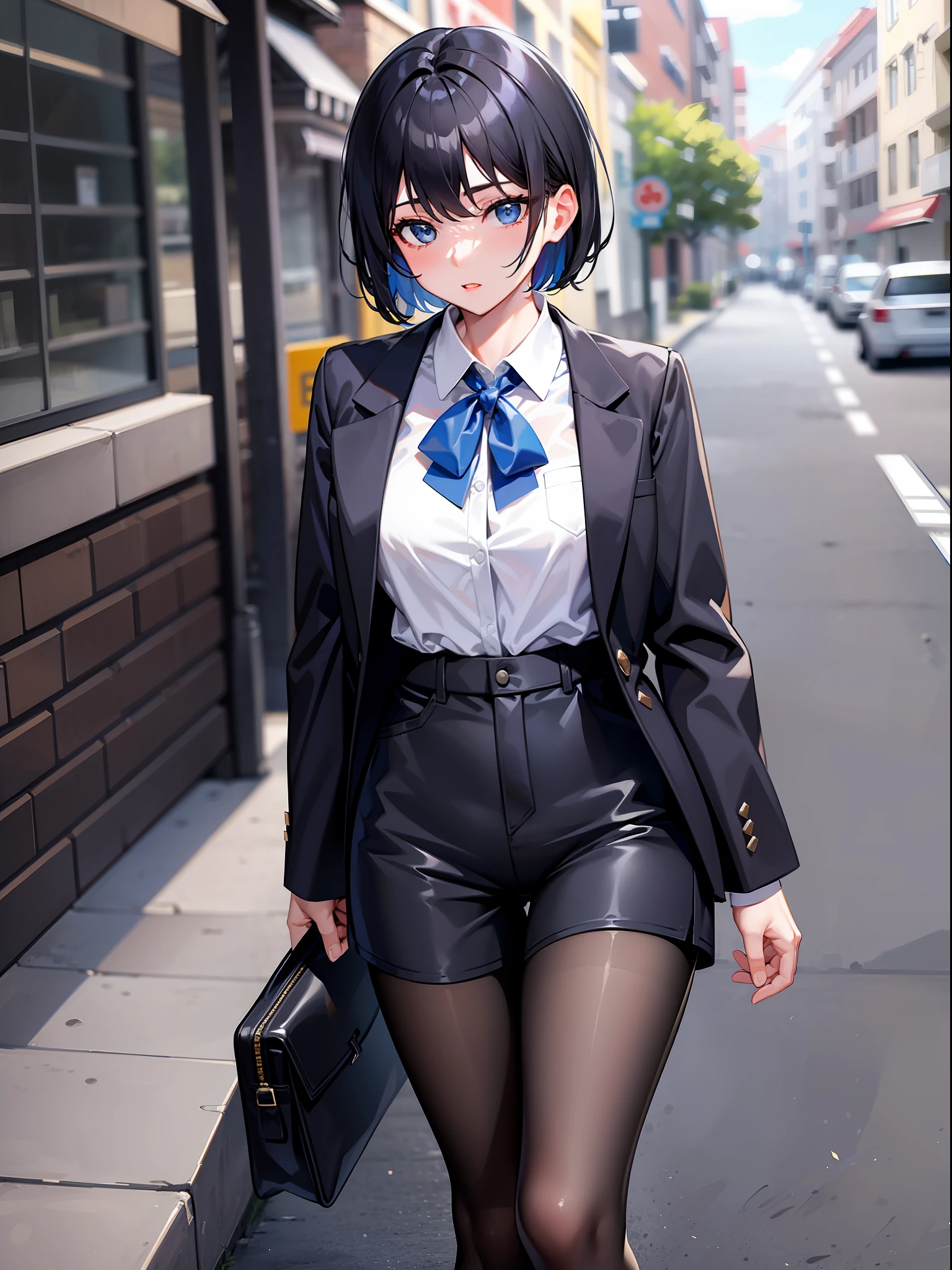 Black hair short, short clothes with white collar sleeves, blue shorts, black pantyhose, girl, outdoor