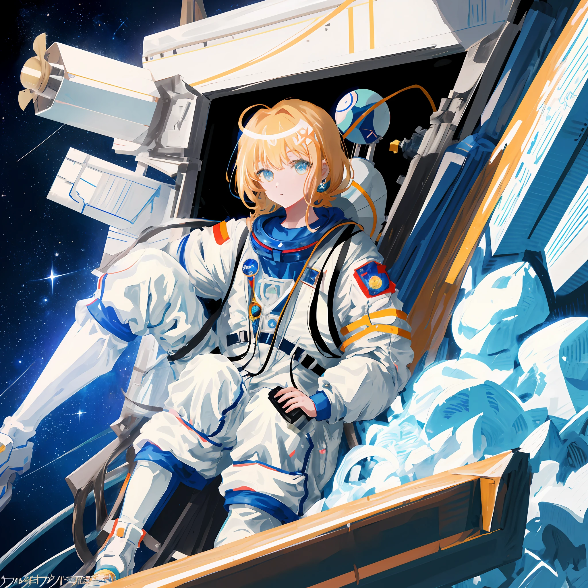 anime character in space suit with space shuttle in background, portrait anime space cadet girl, space molly, girl in space, portrait armored astronaut girl, lonely astronaut, cosmonaut, astronaut, tatami galaxy, [ zero - gravity ]!!, pixiv, wear spacesuits, astronaut below, lunar themed attire, wearing astronaut outfit, anime art nouveau cosmic display