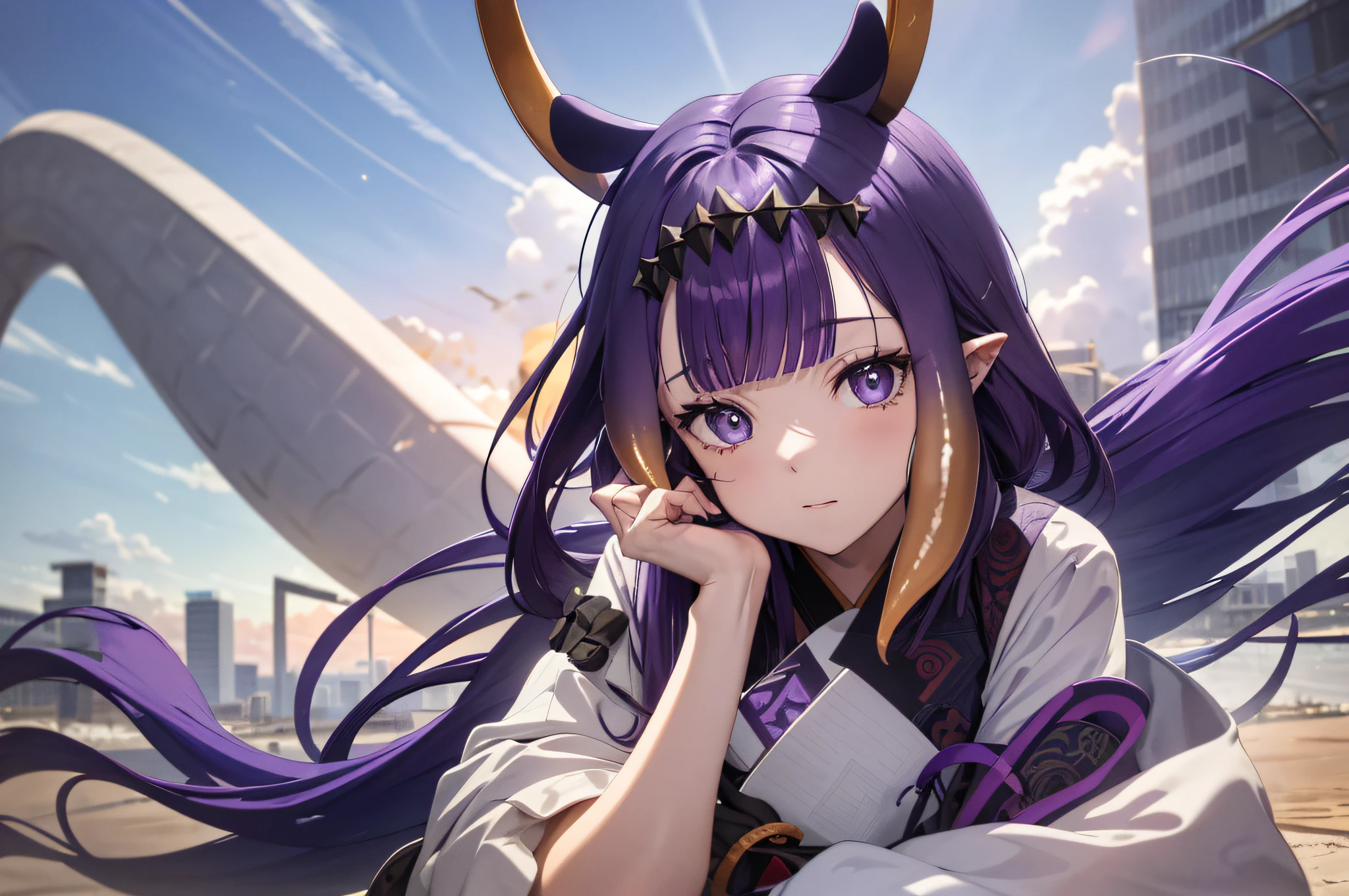 (人物: Ninomae Ina'Nis), {purple hair}, tentacle hair, purple eyes, absurdres, highres, (official art, beautiful and aesthetic:1.2), close view,
shining sky, vast world, girl, gazing, awe-inspiring expression, distant horizon, clouds, high hill, natural beauty, inspiration, light effects,