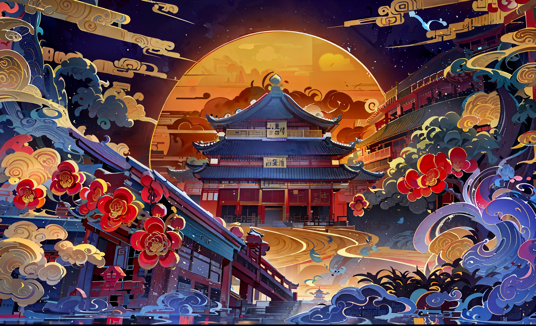 painting of a chinese building with a sunset in the background, chinese style painting, chinese watercolor style, background depicting a temple, digital painting of a pagoda, a beautiful artwork illustration, inspired by Yang Buzhi, cyberpunk chinese ancient castle, ancient china art style, chinese palace, dreamland of chinese, beautiful render of tang dynasty, chinese fantasy, temple background