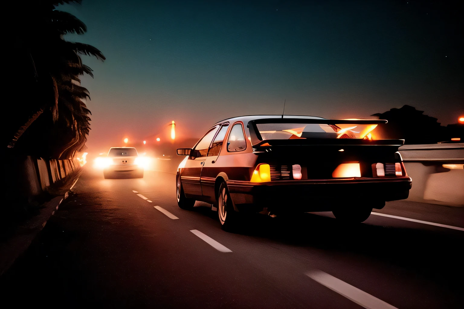 analog gloomy photo of a black Ford Sierra car, racing down a neon highway at night, outrun, synthwave, retrowave, leaves trace of back red lights, palm trees, High Detail, Sharp focus, ((photorealism)), realistic, best quality, 8k, award winning, dramatic lighting, epic, cinematic, masterpiece