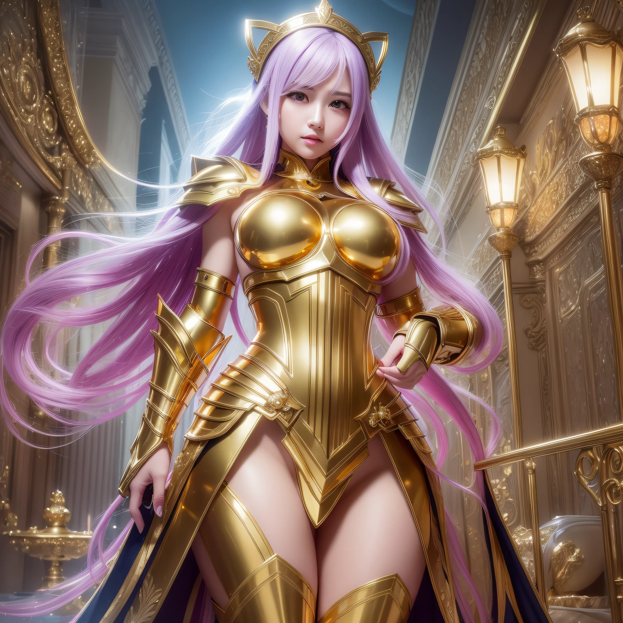 (masterpiece), super high quality, ultra high resolution, professional lighting, gold saint, sexy, woman, big, Japan person, beauty beyond imagination, shiny hair, beautiful face, outstanding body, nasty, (full body), (cute), metal armor, sexy eyes, bewitching, gorgeous, luxurious, mysterious,