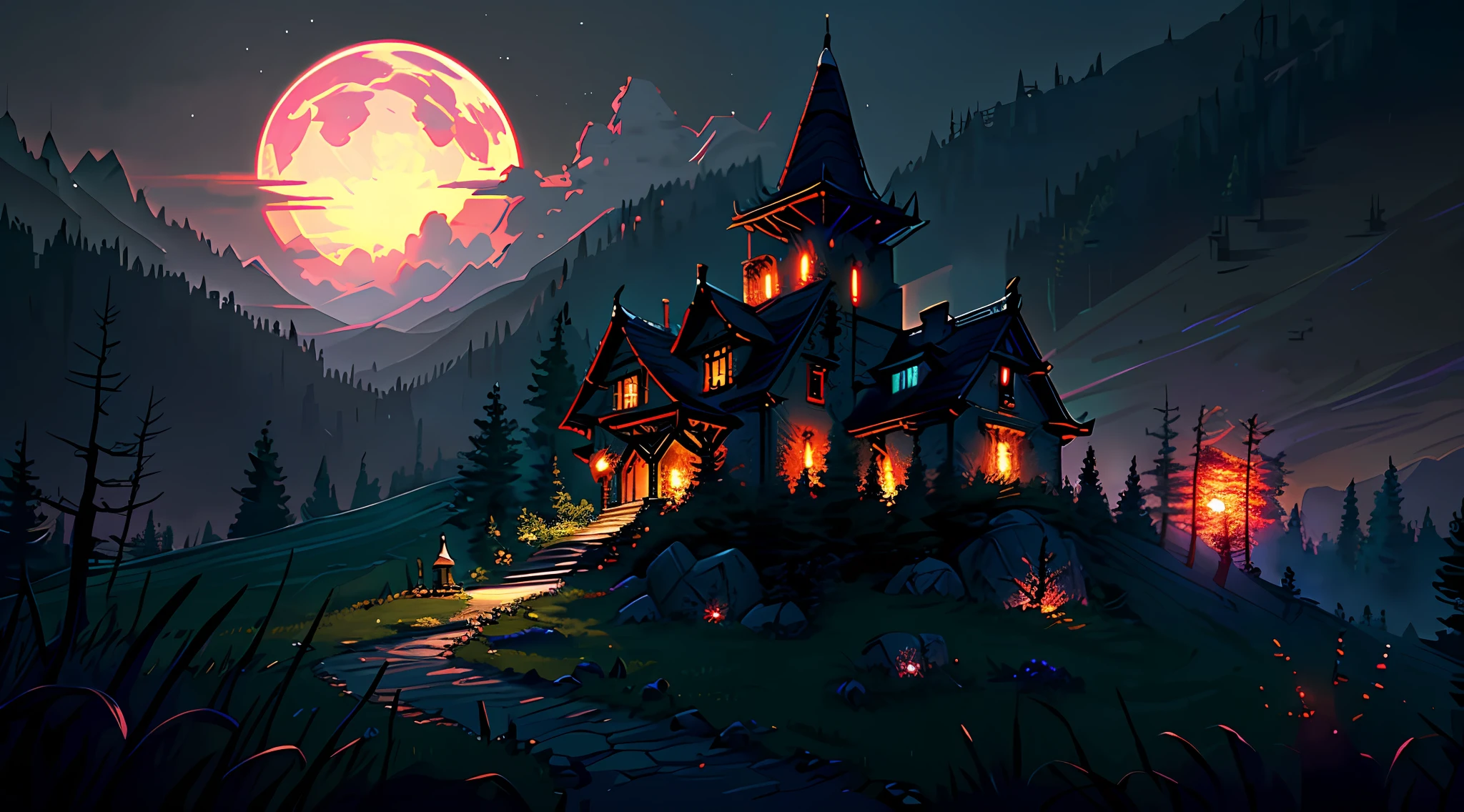 (8k unit wallpaper CG extremely detailed, masterpiece, best quality, ultra-detailed), (((solo)))), a legendary vampire hunter, on a hill looking at a small village, at dusk, (high detail), (intricate details), intricate, sinister atmosphere, atmosphere of terror, incredible high details, highly detailed environment, illustrator, (masterpiece).