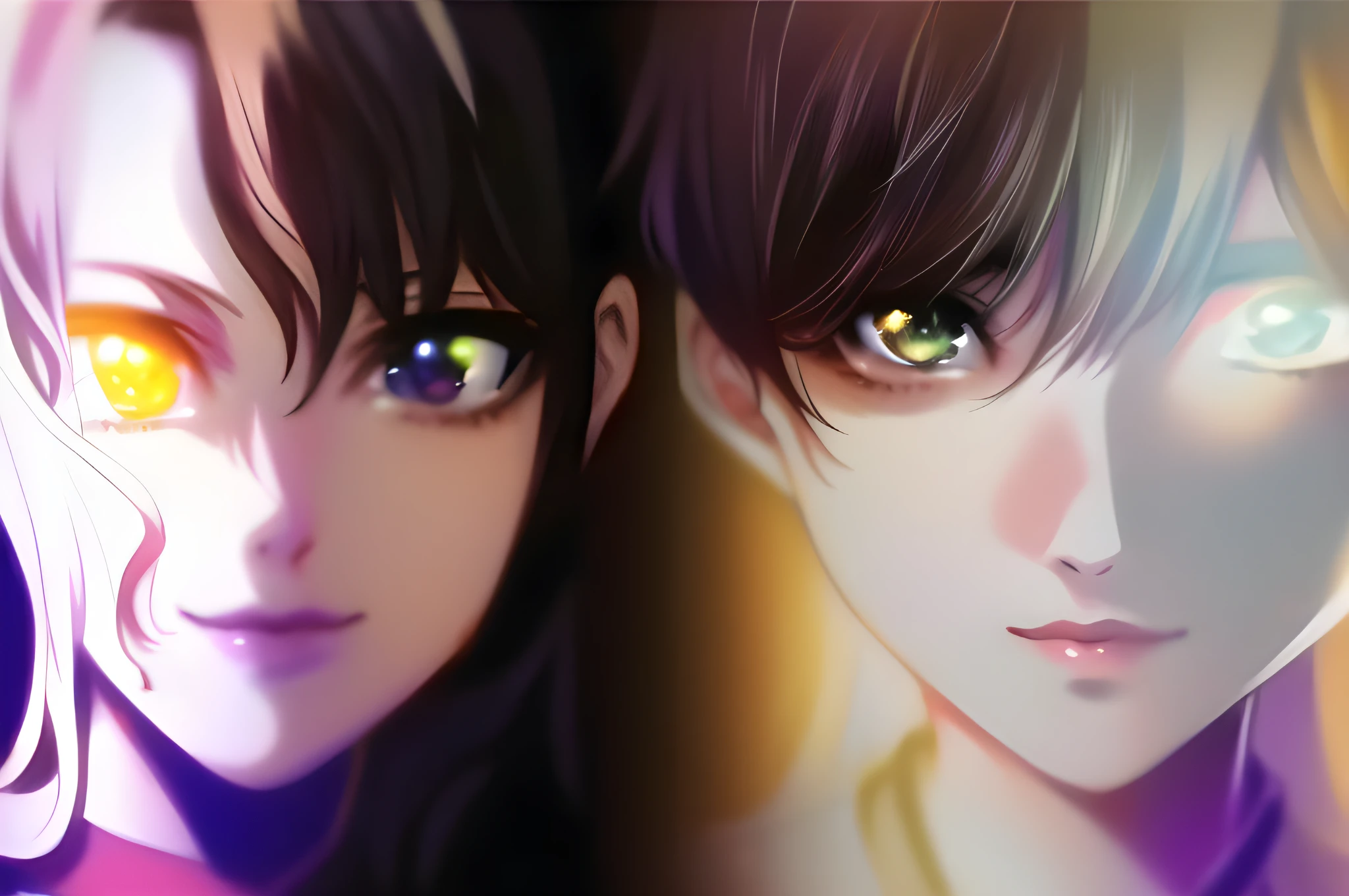 anime characters with yellow eyes and black hair are staring at the camera, realistic anime artstyle, made with anime painter studio, detailed digital anime art, anime styled digital art, semirealistic anime style, anime realism style, anime. soft lighting, digital anime illustration, persona 5 art style wlop, stunning anime face portrait, digital anime art, anime style 4 k