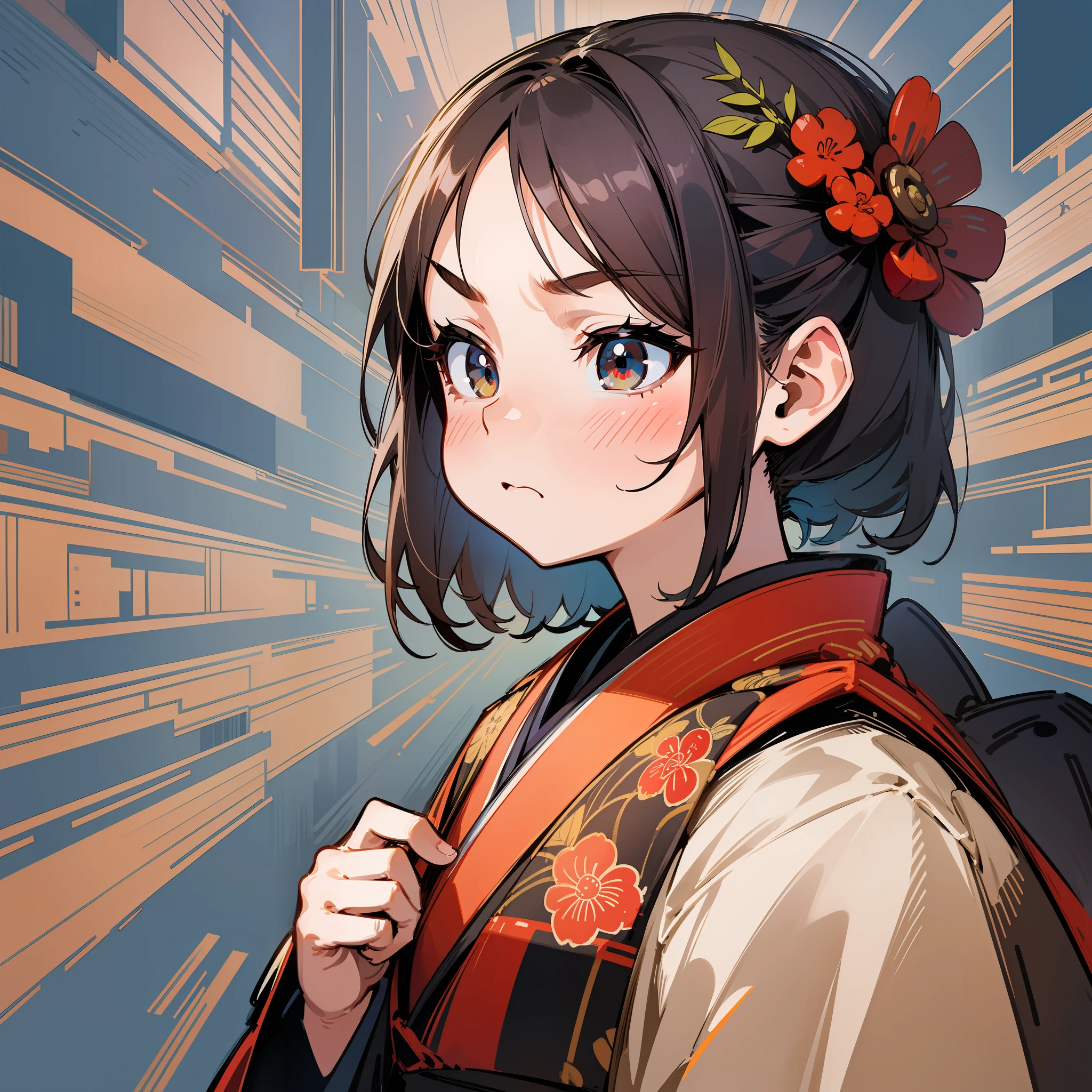Masterpiece, Top Quality, Super Detailed, 1 Girl, Solo, Chibi Character, Background is Japan Festivities, Puffing Up Cheeks, Angry, Mini Character