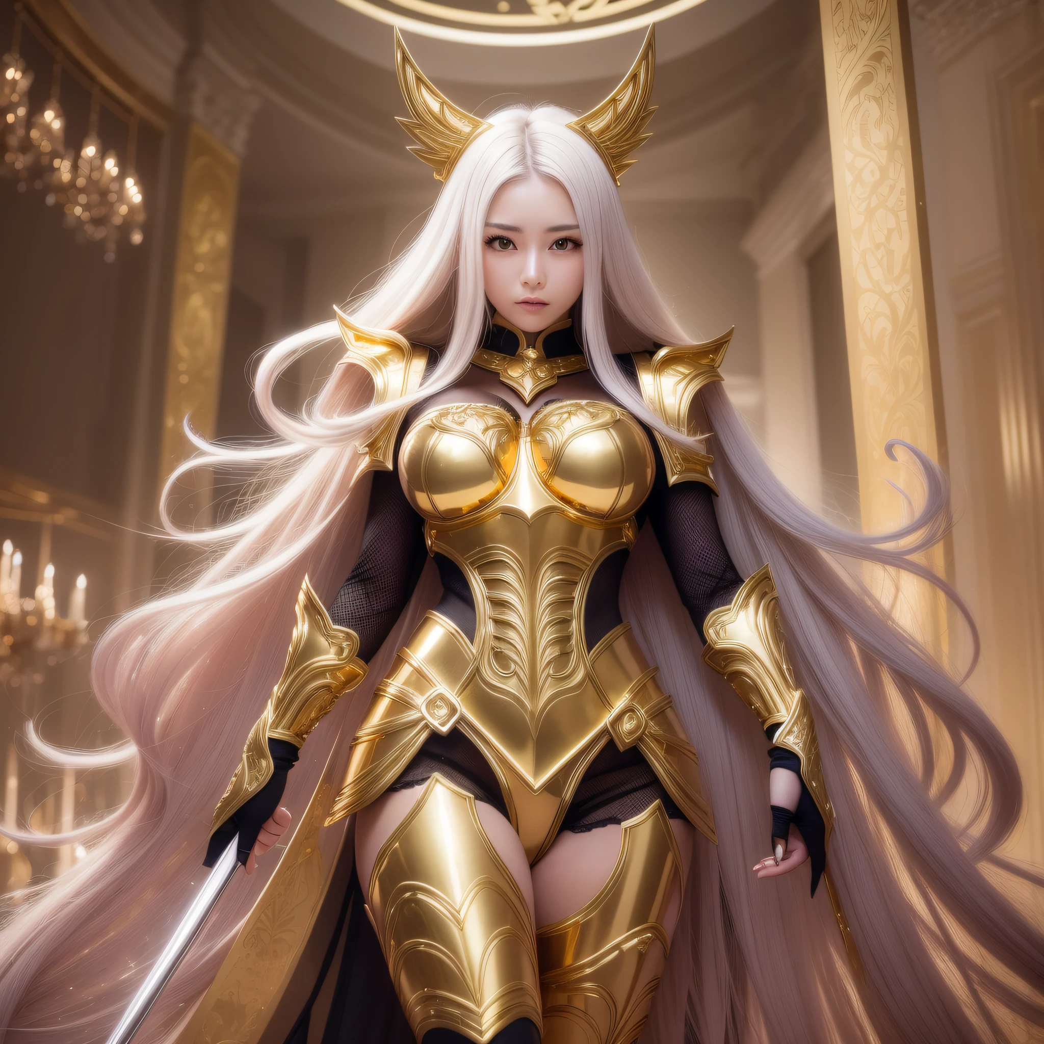(masterpiece), super high quality, ultra high resolution, professional lighting, gold saint, sexy, woman, big, Japan person, beauty beyond imagination, shiny hair, beautiful face, outstanding body, nasty, (full body), (cute), metal armor, sexy eyes, bewitching, gorgeous, luxurious, mysterious,