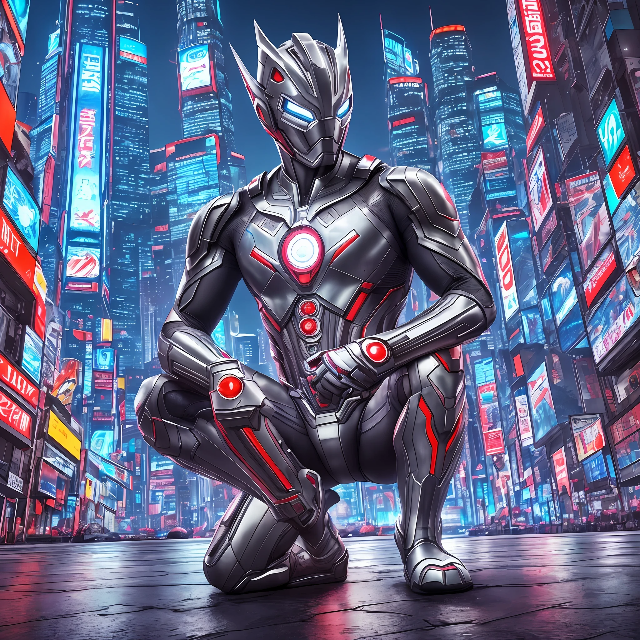 Ultraman with his hand on the ground, on his knees and looking forward, cyberpunk city background, vivid colors, 8k quality, cinematic focus, lighting --auto --s2
