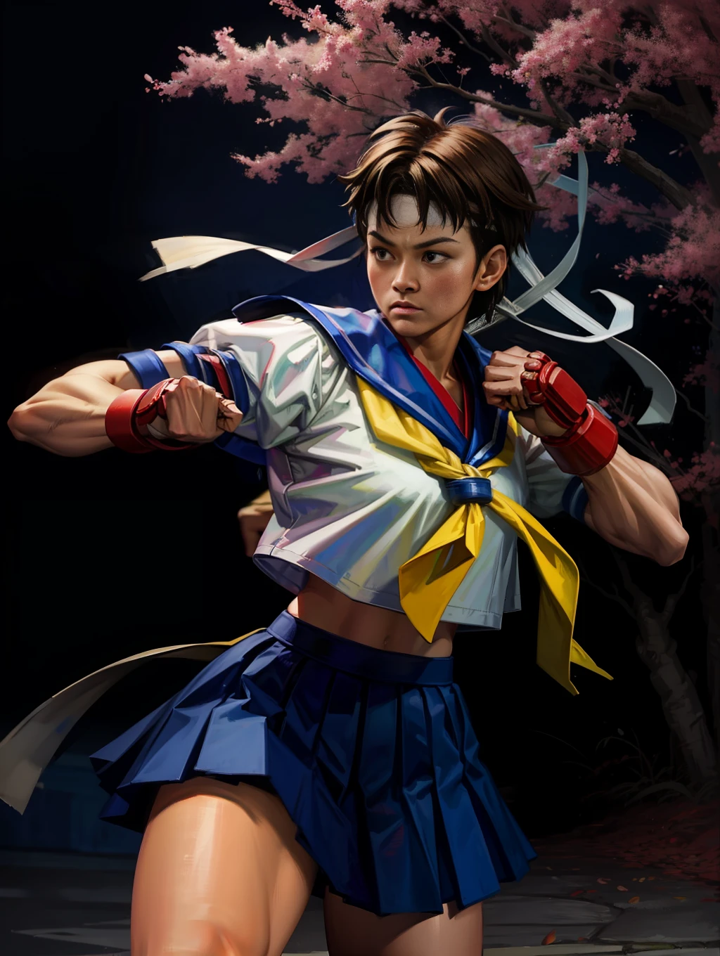 (masterpiece), (best quality), realistic illustration, digital painting, brush marks, by Sakura from street fighter, a young high school fighter in a fighting pose. Angry face, realistic, highly detailed, vibrant colors. In the background a traditional Japanese town of the fourteenth century, cherry trees, Cherry leaves.