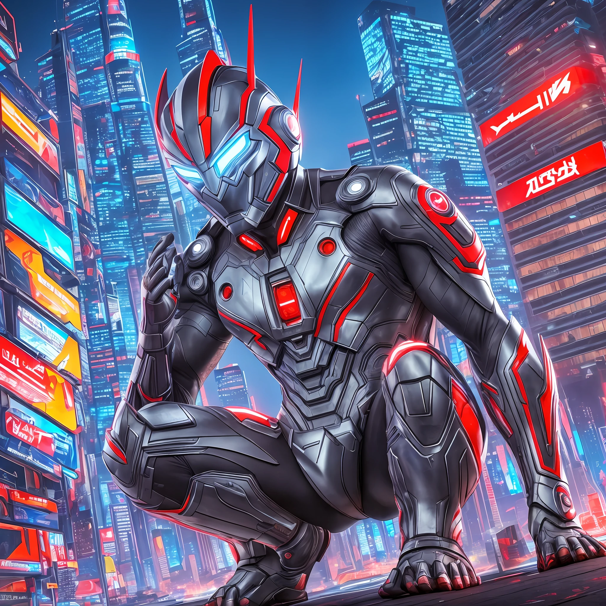 Ultraman with his hand on the ground, on his knees and looking forward, cyberpunk city background, vivid colors, 8k quality, cinematic focus, lighting --auto --s2