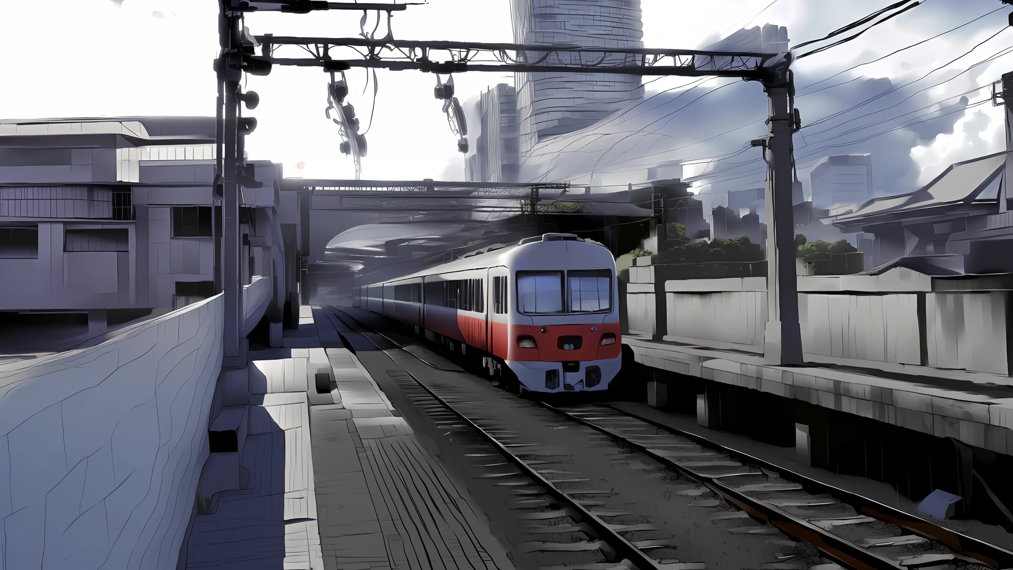 There is a white train running straight on the city's tracks,
