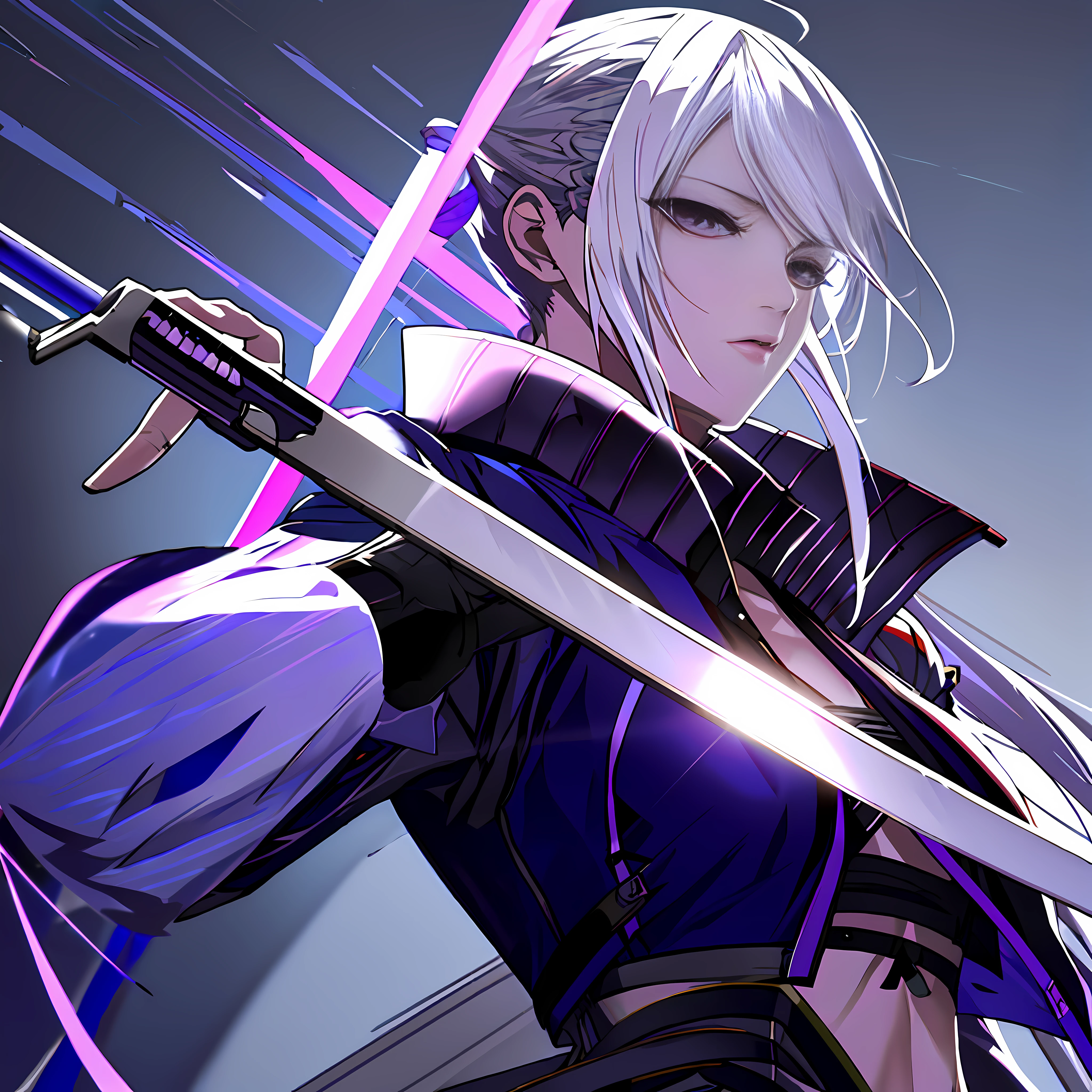 anime girl with white hair and purple eyes holding a sword, extremely detailed artgerm, ig model | artgerm, rossdraws digital painting, rossdraws 1. 0, rossdraws 2. 0, rossdraws 2. 5, wlop rossdraws, digital cyberpunk anime art, fanart best artstation, :: rossdraws, rossdraws sakimimichan