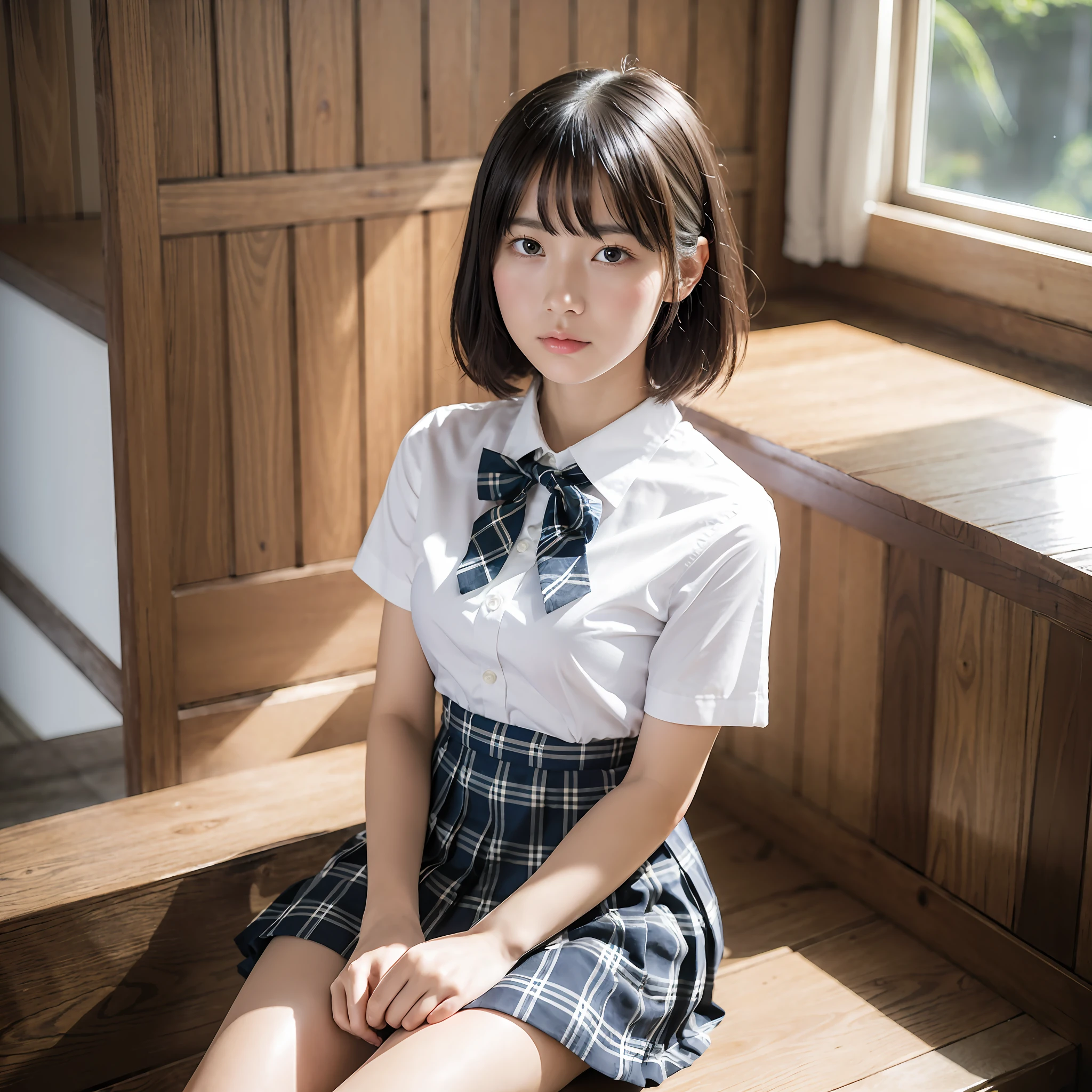 (8k, RAW photo, highest quality, masterpiece: 1.2), (realistic, photorealistic: 1.4), hyperrealism, (masterpiece), (high resolution), (ultra detail), (best shadow), realistic shadows, ultra high resolution, (detail face: 1.4), perfect skin, realistic skin texture, detailed skin texture, depth of field, natural blur, lens flare, (soft saturation: 1.3), Professional portrait photography, Japan beautiful female idol, cute, young, quiet girl, (15 years old), baby face, full lips, round face, black hair, dull bangs, fluffy short hair, beautiful eyes, good looking, beautiful face, (fair skin: 1.4, soft skin), without makeup, loneliness, (plump), uniform, knee-length skirt, plaid skirt, pleated skirt, short sleeves, bow tie, (white shirt:1.4), Cute white bra, upper body, in the girl's room