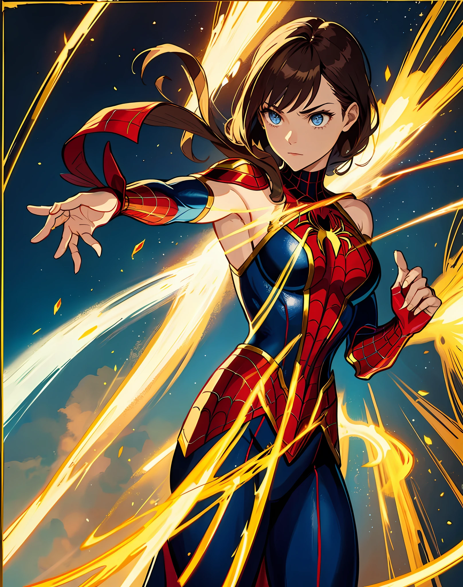 marvel super heroine, the eternals, original character, character based on the eternals, 1girl, trage red, white and black, details in Gold, detailed background, semi-realistic, 2d illustration, golden bow and arrow, eternal-movie, movie character, sersi, brown hair, shoulder-length hair, asian girl, blue eyes, trage covering arms, trage covering, dungeons and dragons style,  Spider-man Trave, Spider Woman, Trage made of painted leather, Fluttering fabric, Elegant Trave, Elegant pose, Calm