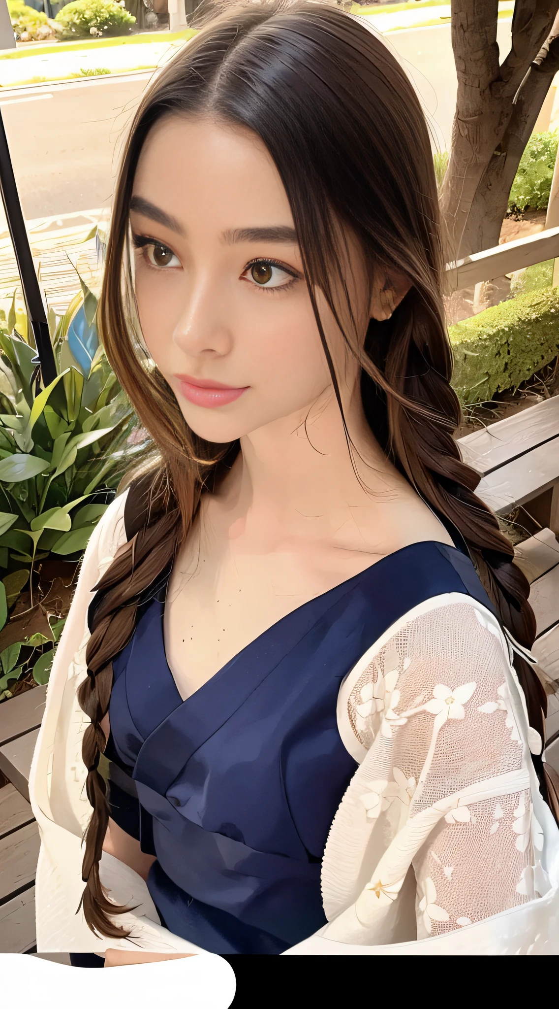 full shot, portrait of skswoman, 1 GIRL, DASHA, detailed portrait of a girl in a dark blue kimono with patterns in the form of applications of sakura inflorescences walks along a picturesque alley with blooming Japanese sakura along a path strewn with fallen pink sakura petals, in detail in detail small breasts, in detail in detail a very long fluffy mop of chestnut hair, in the details of the eyes, in the details of the eyelashes, in the details of the lips, in the details of the make-up with dark blue arrows, in the details of the Japanese gane shoes with braids on the lower legs in dark blue, in the details of the kimono with deep cutouts shows beautiful slender legs, cutout on the chest shows the décolleté area, character flirting at the camera, backlight, bright sun rays, detailed beautiful backlight, soft frontal light, soft shadows on the face, beautiful chiaroscuro on the face and body, hyperrealism, hyperdetail, high resolution, clear focus, uhd, 32k, website 500px, David Dubnitsky style.