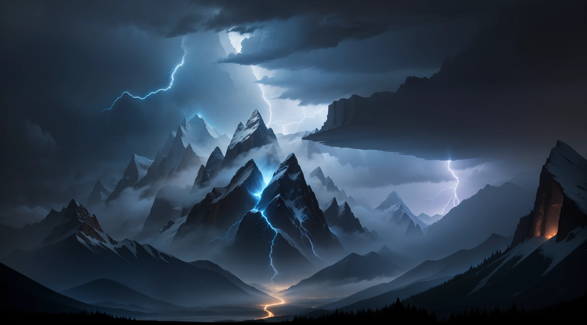 Mountains with no end in sight, "mountains and mountains", lightning and thunder in dark clouds, lush mountains with "white lightning"