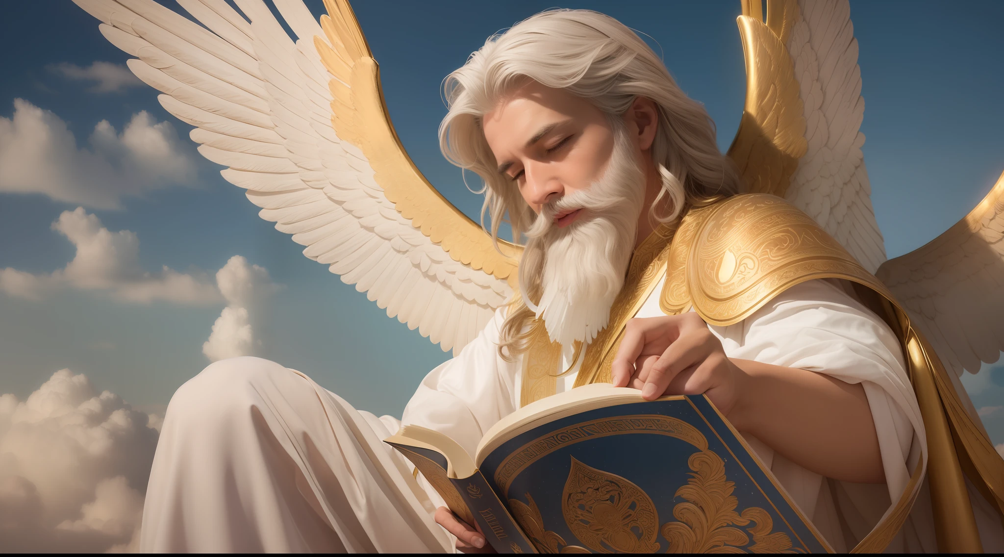 Describe the male angel in detail, emphasizing his majestic, bright, and imposing wings, according to biblical descriptions. Awaken the sense of peace and reverence around this heavenly figure. Detail the grandeur of the skies by painting a backdrop filled with vibrant colors, ethereal clouds, and a divine light that illuminates everything around.
Focus on the open book, revealing meaningful and teaching-laden passages. Convey the sense that divine knowledge is revealed through these written words, bringing wisdom, guidance, and inspiration to those who seek it.