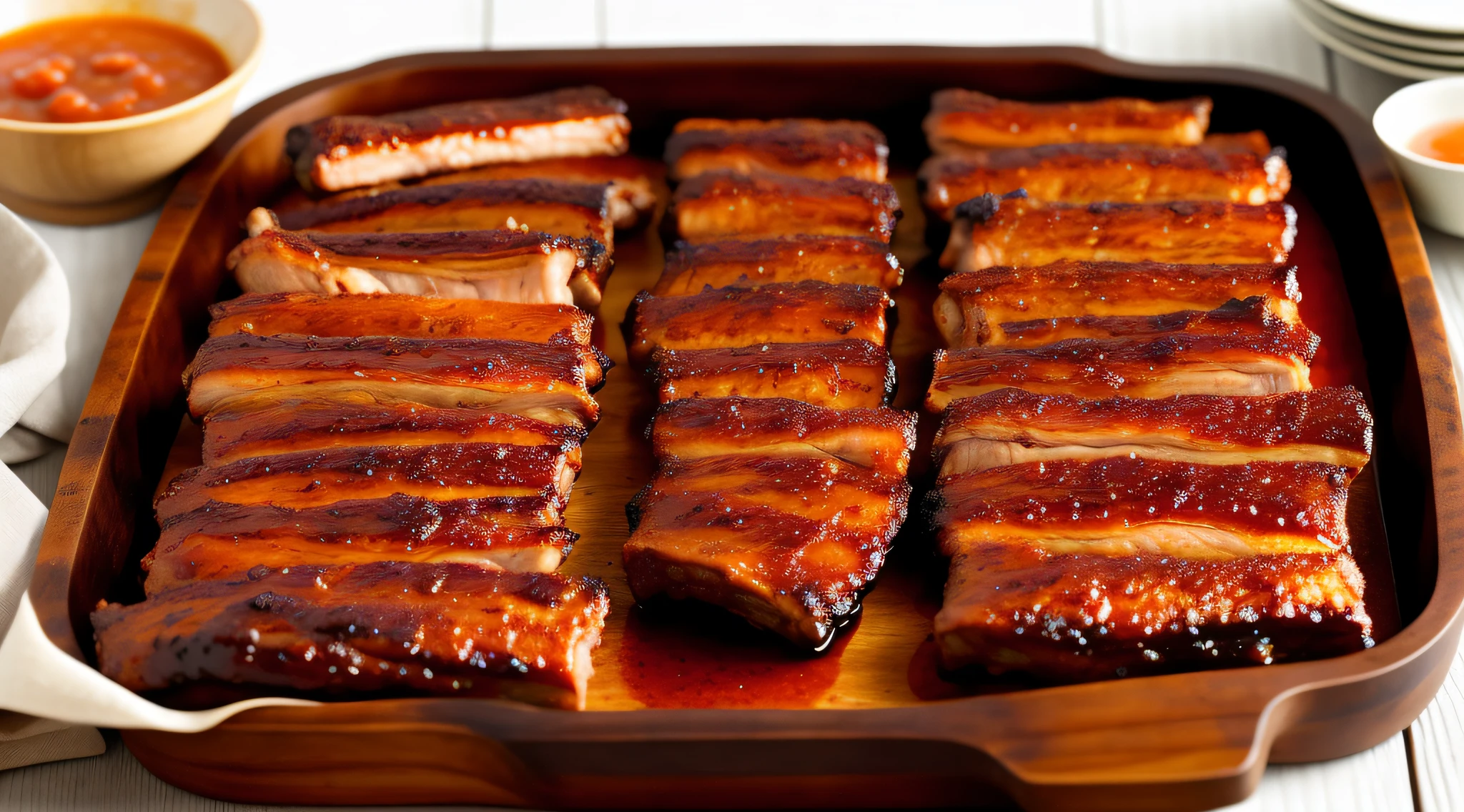 "rustic wooden tray with pork ribs in freshly baked barbecue sauce, ultra-realistic and delicate, appetizing, bright red aroma, appetizing, juicy, mouth-watering texture."