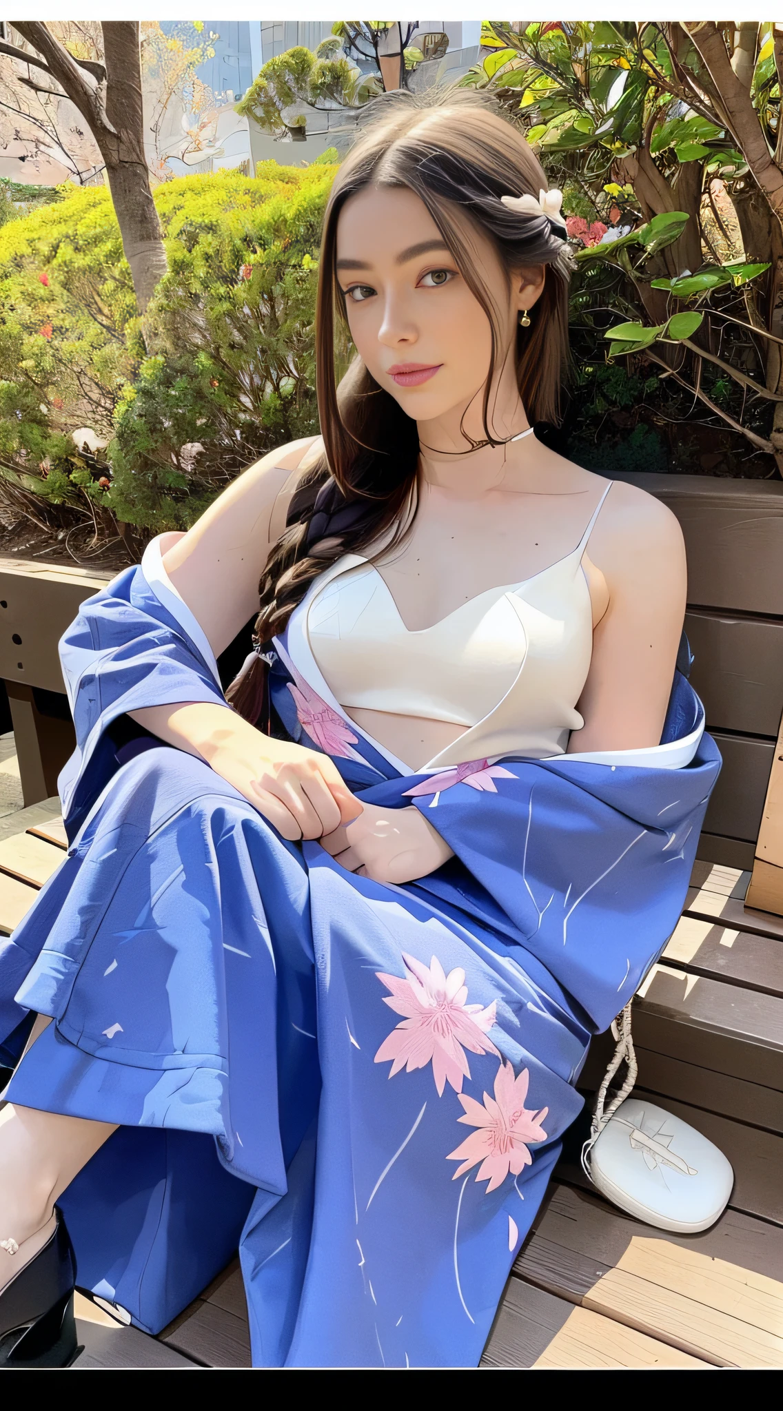 full shot, portrait of skswoman, 1 GIRL, DASHA, detailed portrait of a girl in a dark blue kimono with patterns in the form of applications of sakura inflorescences walks along a picturesque alley with blooming Japanese sakura along a path strewn with fallen pink sakura petals, in detail in detail small breasts, in detail in detail a very long fluffy mop of chestnut hair, in the details of the eyes, in the details of the eyelashes, in the details of the lips, in the details of the make-up with dark blue arrows, in the details of the Japanese gane shoes with braids on the lower legs in dark blue, in the details of the kimono with deep cutouts shows beautiful slender legs, cutout on the chest shows the décolleté area, character flirting at the camera, backlight, bright sun rays, detailed beautiful backlight, soft frontal light, soft shadows on the face, beautiful chiaroscuro on the face and body, hyperrealism, hyperdetail, high resolution, clear focus, uhd, 32k, website 500px, David Dubnitsky style.