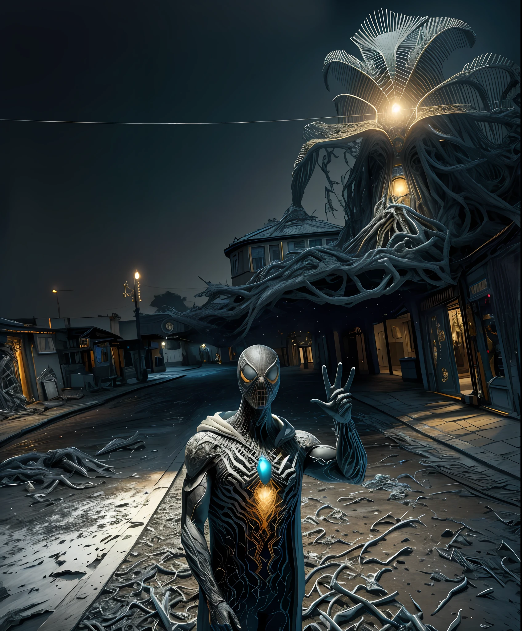 (8k, foto RAW, melhor qualidade, obra-prima: 1.2), ultra detalhado, arte oficial, foto-realista: 1.37, spider man, black suit, spider in the center of your chest in white, organic looking clothing, gooey testura, symbiote, white eyes, fine art, PS5 cinematic screenshot,highly detailed detailed cinematic rendering, ultra photorealistic raytricing, with cinematic lightingpose de ação