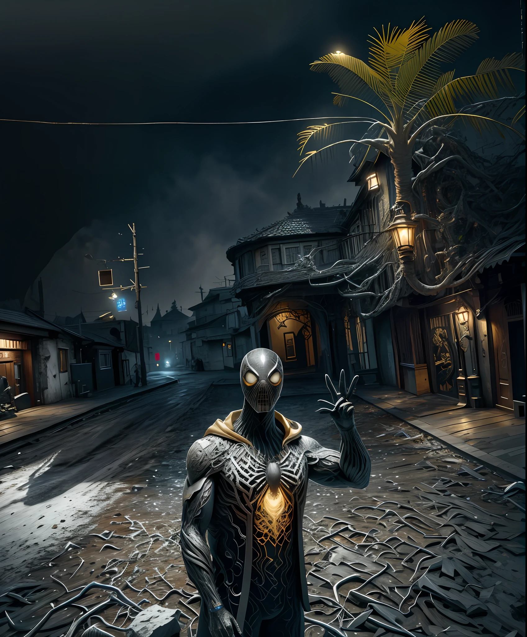 (8k, foto RAW, melhor qualidade, obra-prima: 1.2), ultra detalhado, arte oficial, foto-realista: 1.37, spider man, black suit, spider in the center of your chest in white, organic looking clothing, gooey testura, symbiote, white eyes, fine art, PS5 cinematic screenshot,highly detailed detailed cinematic rendering, ultra photorealistic raytricing, with cinematic lightingpose de ação