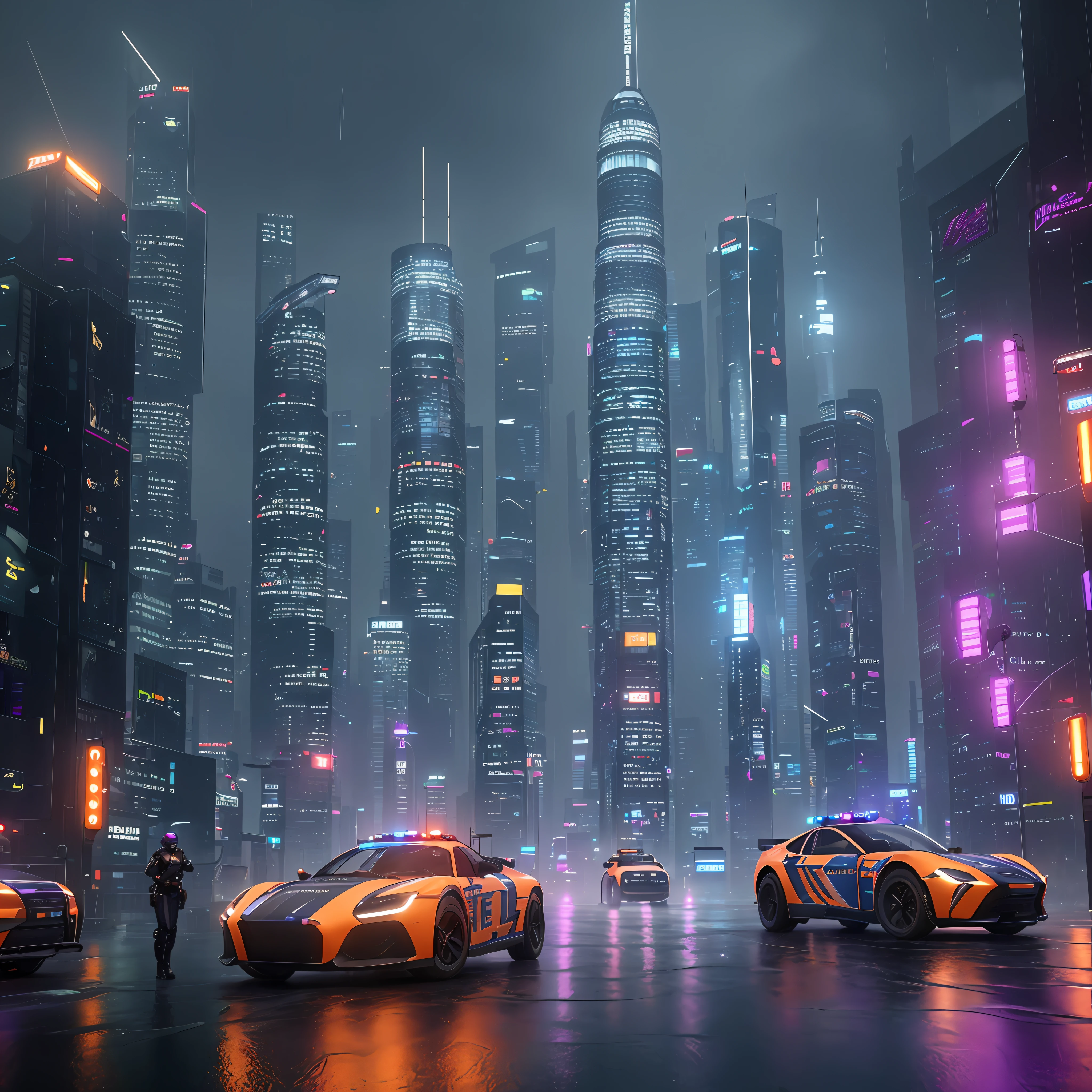 A police woman android, in the foreground, a city of the future, many skyscrapers, blade runner style, hyper-realistic, octane render, realistic, street with cars, rain, cinematic, 8k, very intricate, 80s, night, drones, neons orange and violet