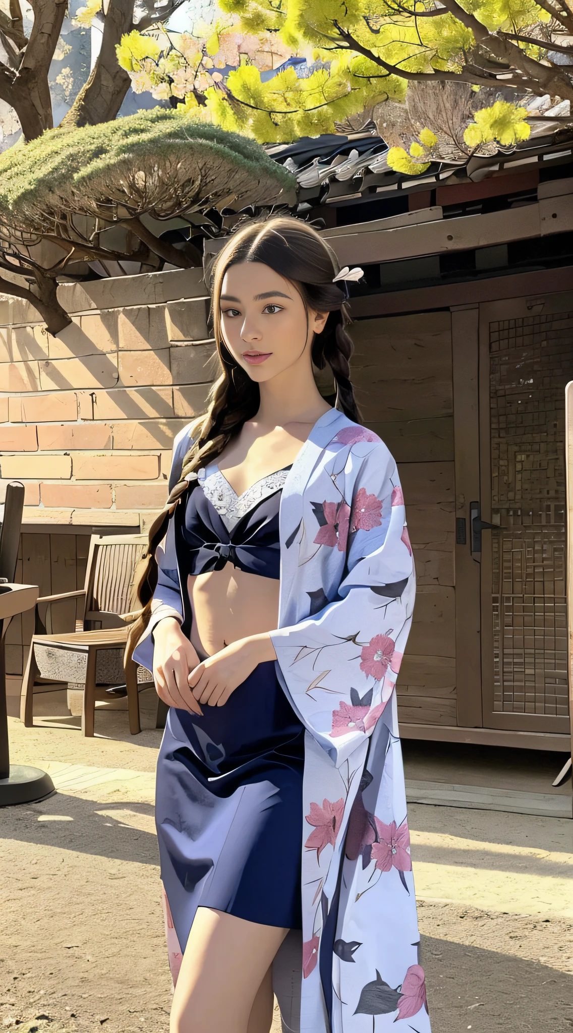 full shot, portrait of skswoman, 1 GIRL, DASHA, detailed portrait of a girl in a dark blue kimono with patterns in the form of applications of sakura inflorescences walks along a picturesque alley with blooming Japanese sakura along a path strewn with fallen pink sakura petals, in detail in detail small , in detail in detail a very long fluffy mop of chestnut hair, in the details of the eyes, in the details of the eyelashes, in the details of the lips, in the details of the make-up with dark blue arrows, in the details of the Japanese gane shoes with braids on the lower legs in dark blue, in the details of the kimono with deep cutouts shows beautiful slender legs, cutout on the chest shows the décolleté area, character flirting at the camera, backlight, bright sun rays, detailed beautiful backlight, soft frontal light, soft shadows on the face, beautiful chiaroscuro on the face and body, hyperrealism, hyperdetail, high resolution, clear focus, uhd, 32k, website 500px, David Dubnitsky style.