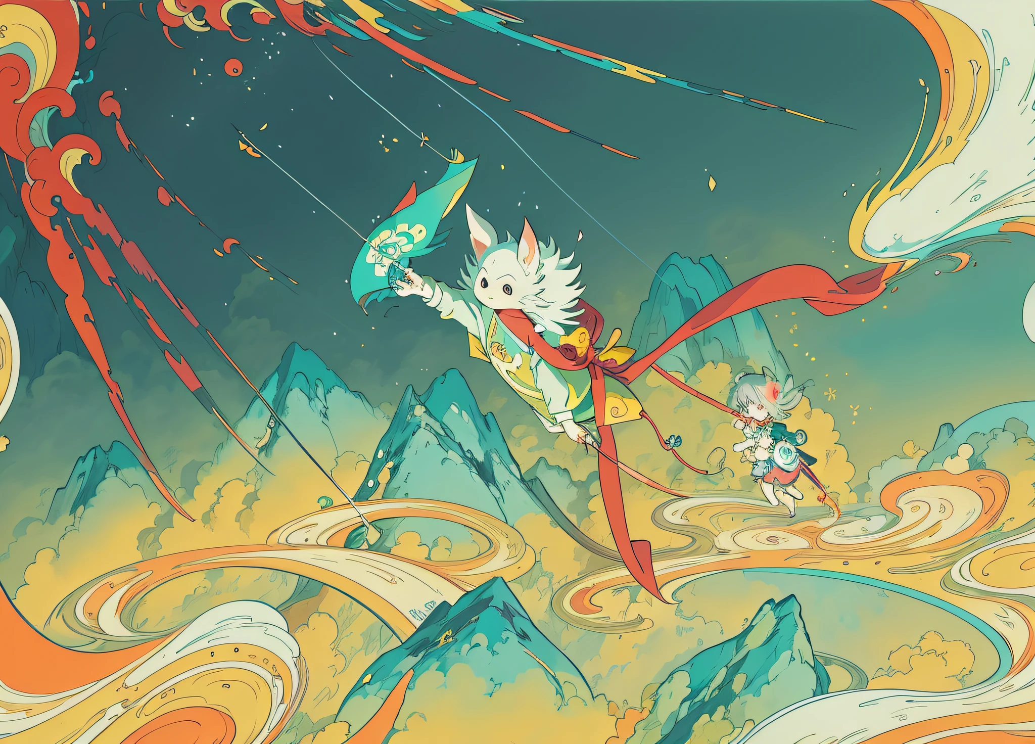 cartoon of a person falling off a cliff with a kite, official art, victo ngai! cmyk palette, in style of hayao miyazaki, inspired by Victo Ngai, a moogle in the legend of korra, japanese animation style, okami, victo ngai style, inspired by Shūbun Tenshō