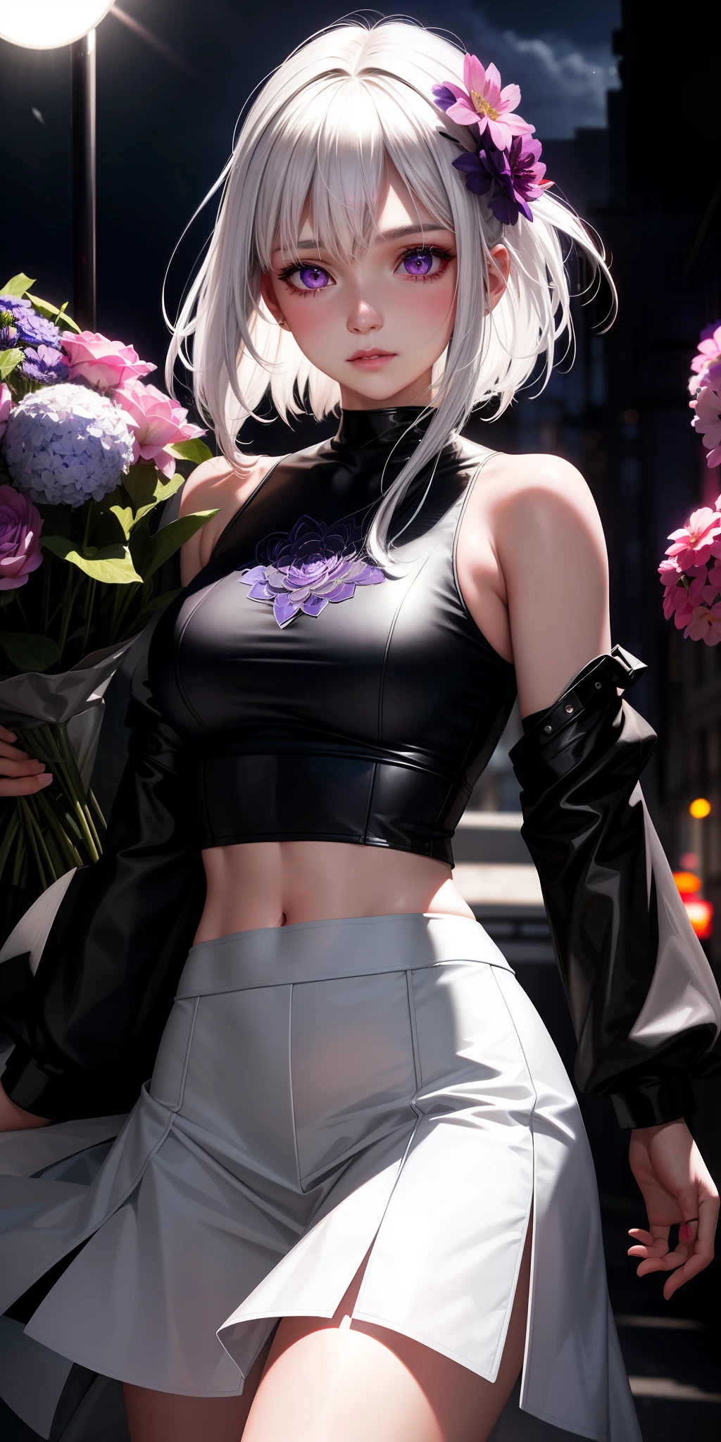 realistic, 1girl, white hair, purple eyes, glowing eyes, crop top, skirt, parted lips, blush, night, flowers, sun, sunlight,
