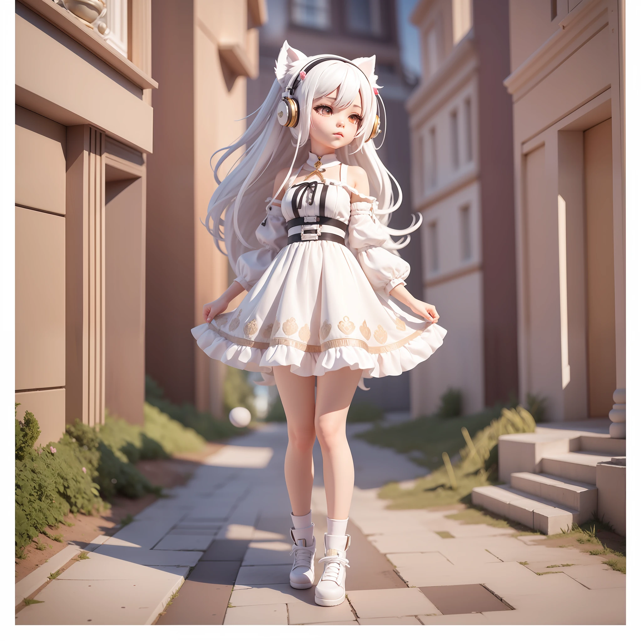Masterpiece, best quality, lots of detail, (full body:1.2), chibi, 1 dog girl, white hair, magic dress, light headphones, 3D rendering, Q printmaking style