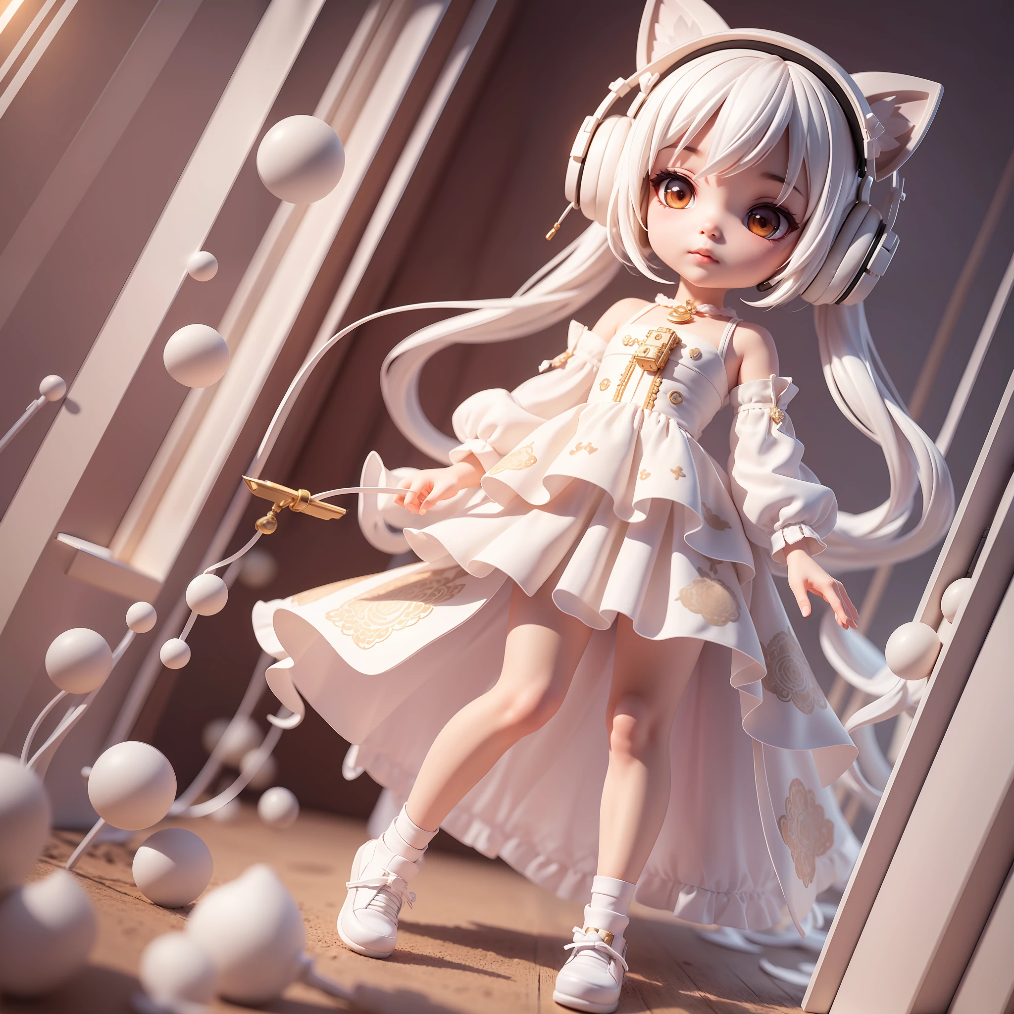 Masterpiece, best quality, lots of detail, (full body:1.2), chibi, 1 dog girl, white hair, magic dress, light headphones, 3D rendering, Q printmaking style