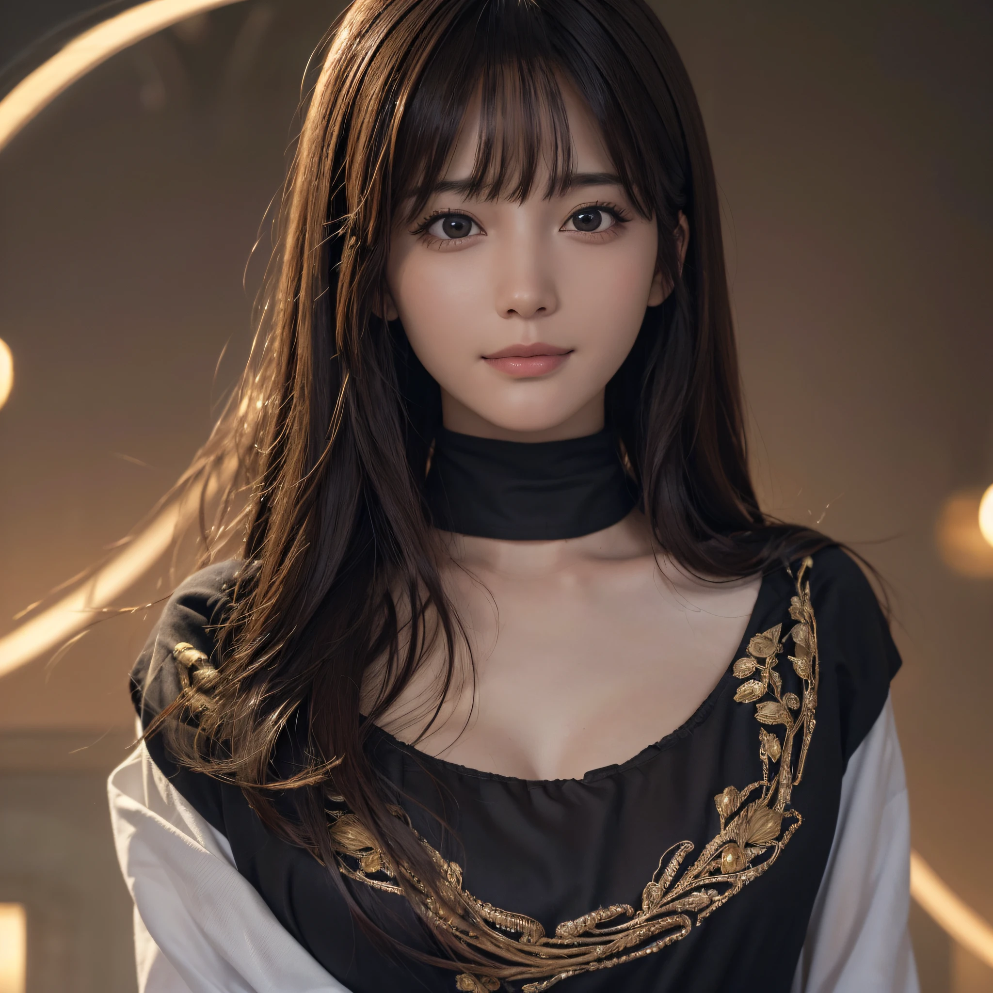 hyperrealism), (illustration), (increase resolution), (8K), (extremely detailed), (best illustration), (beautiful detailed eyes), (best quality), (ultra-detailed), (masterpiece), (wallpaper), (detailed face), solo, 1 girl, looking at the audience, delicate details, detailed face, in the dark, deep shadow, understated, pureerosfaceace_v1, smile, long hair, straight black shawl, 46 points slanted bangs