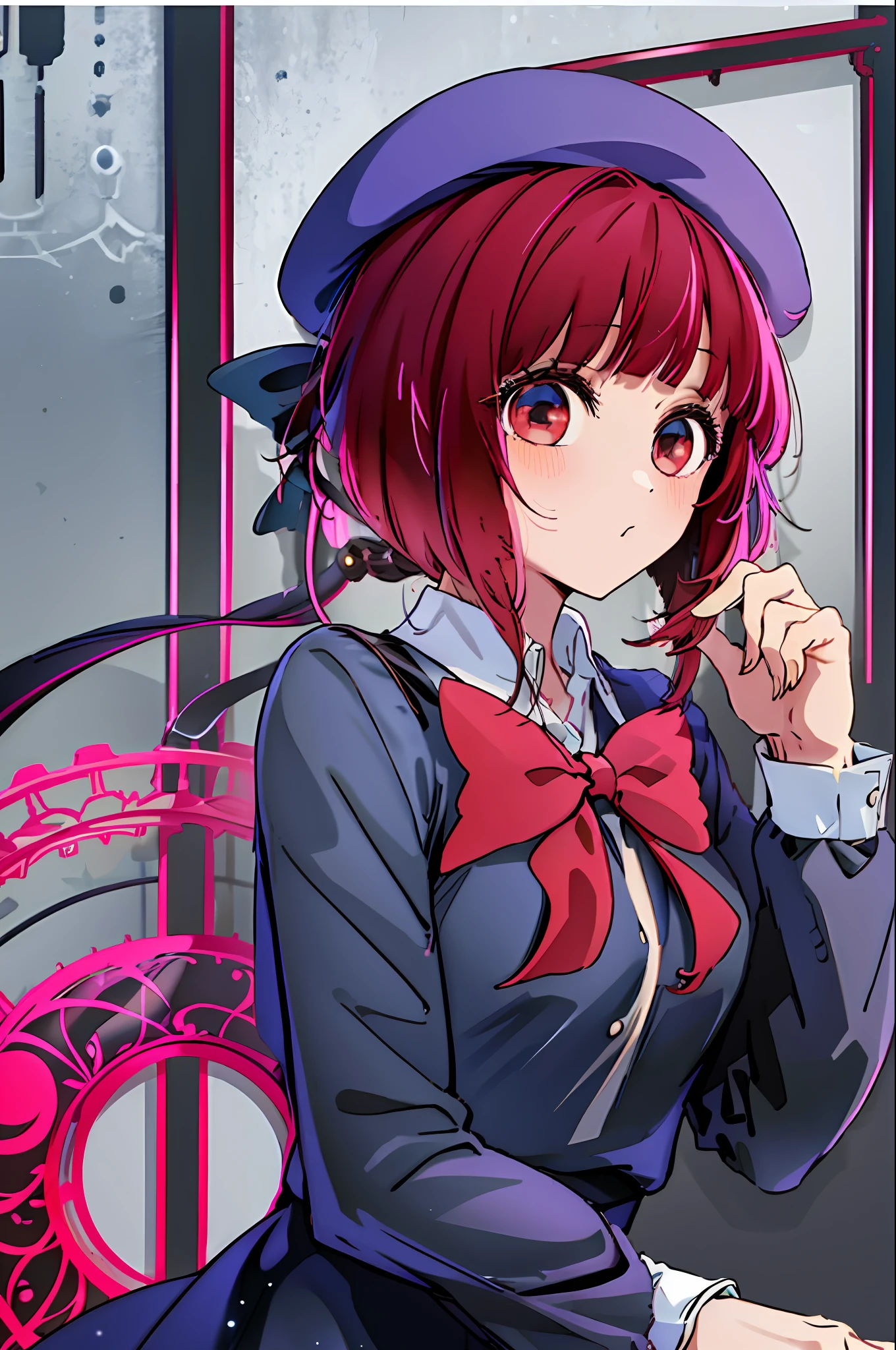 masterpiece, best quality, highres, chika1, fujiwara chika, school uniform, black bow, pitch black dress, red ribbon, long sleeves, blunt bangs, neck ribbon, collared dress, medium breasts, headwear, hat bow, cowboy shot, table, red hair, red eye, short hair, red background