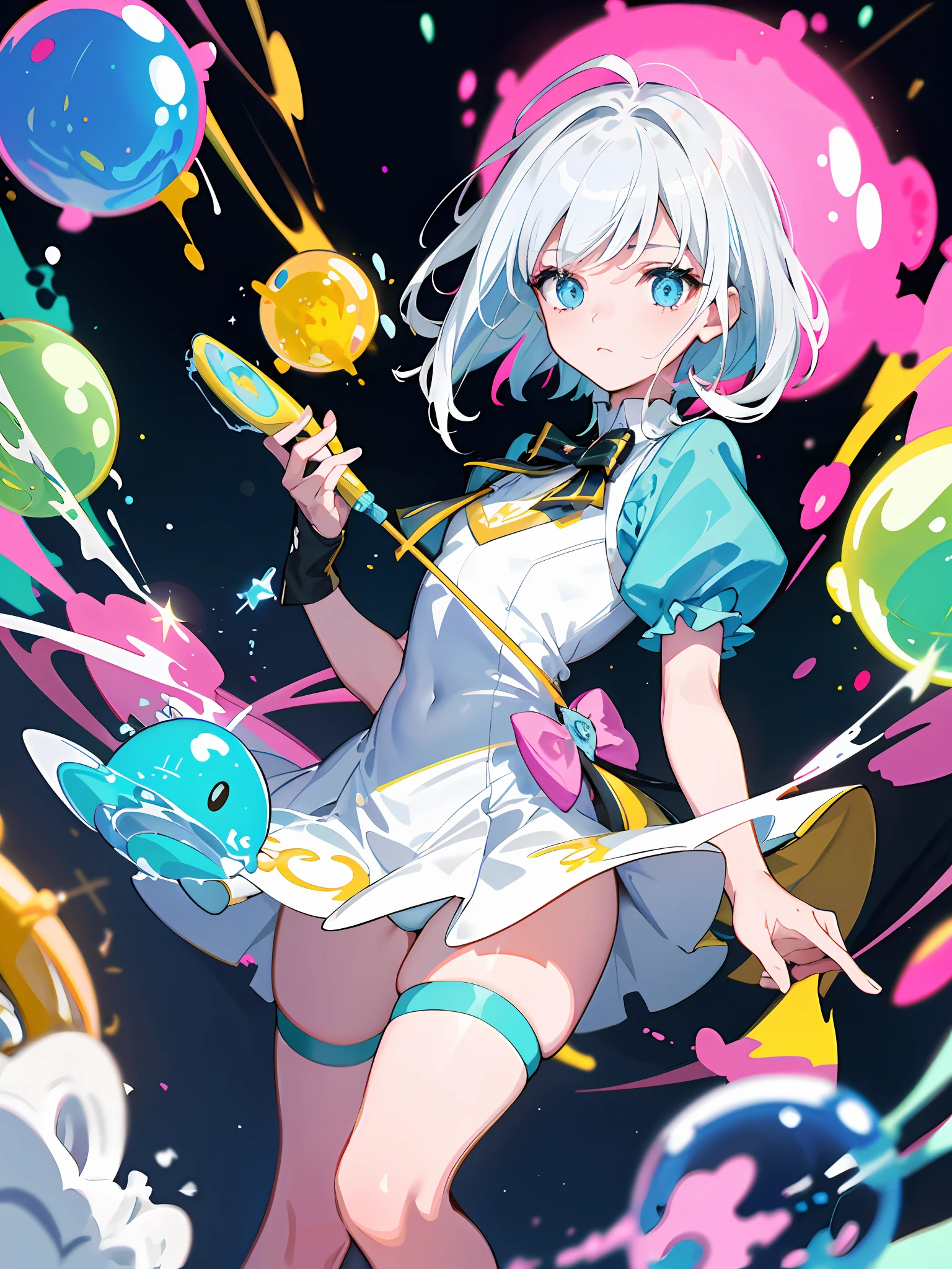 masterpiece, best quality, best quality, super detail, break, (painting 1.6), illustration, cartoon, break, solo girl, exquisite makeup, mouth closed, short hair, white hair, disheveled hair, goujas, (elegant: 1.3) break, (white leotard: 1.8), polka dot pattern, blue and yellow and pink, color splash, paint splash, break, big eyes,blue eyes,glowing eyes,hawk-like eyes,high saturation,break,watching the audience,front,break,background,lots of soap bubbles,glowing,millennial blue soap bubbles,yellow soap bubbles,green soap bubbles,blue soap bubbles,blue soap bubbles,pink soap bubbles,red soap bubbles,floating,glowing soap bubbles,various sizes,sparkling, Color splash, ((((High Saturation)))), break,